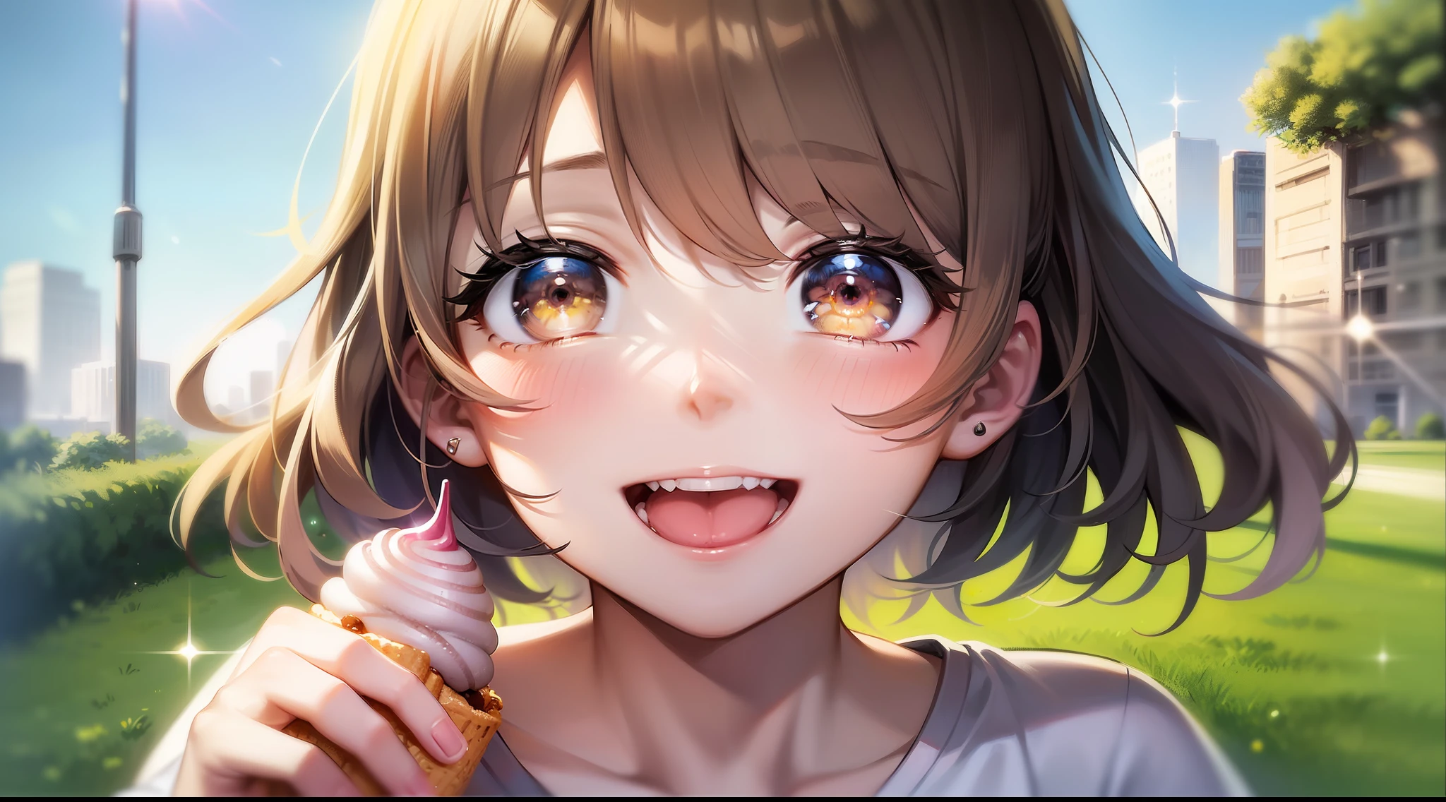 (best illustration, lively and vibrant, heartwarming moment),(1girl, happy and content),(ice cream cone:1.2, white t-shirt, open smile),((1man) middle-aged man, grey shirt, good dad, love),(sunny day, park, green grass),close-up shot, sunny lens flare.