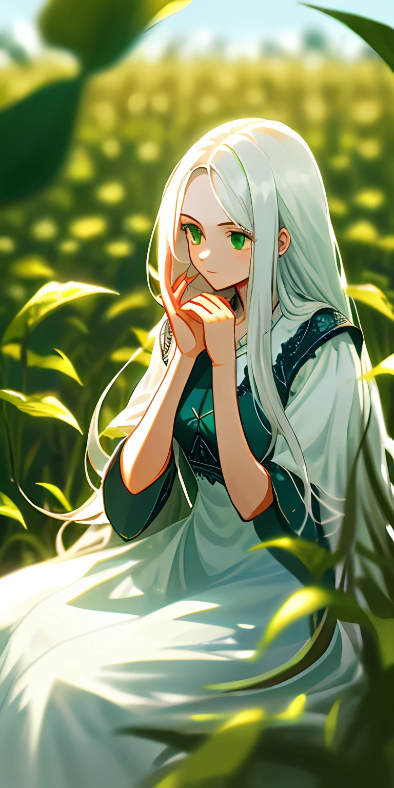(masterpiece, best quality),1girl with long white hair sitting in a field of green plants and flowers, her hand under her chin, warm lighting, white dress, blurry foreground