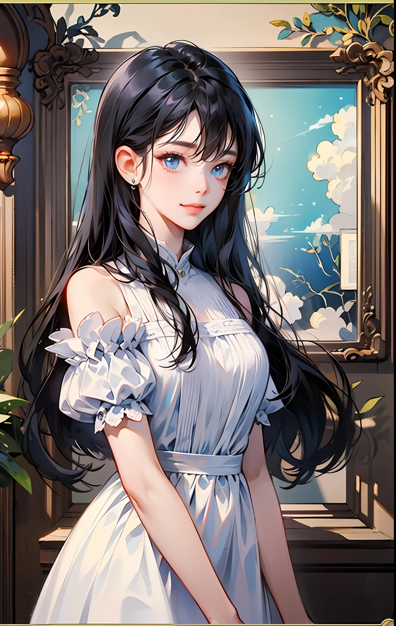 A high resolution，（Girl with long black hair），Blue eyes，Short white dress，Pay attention to detail，Eyes focused，正面，smil，With bangs。