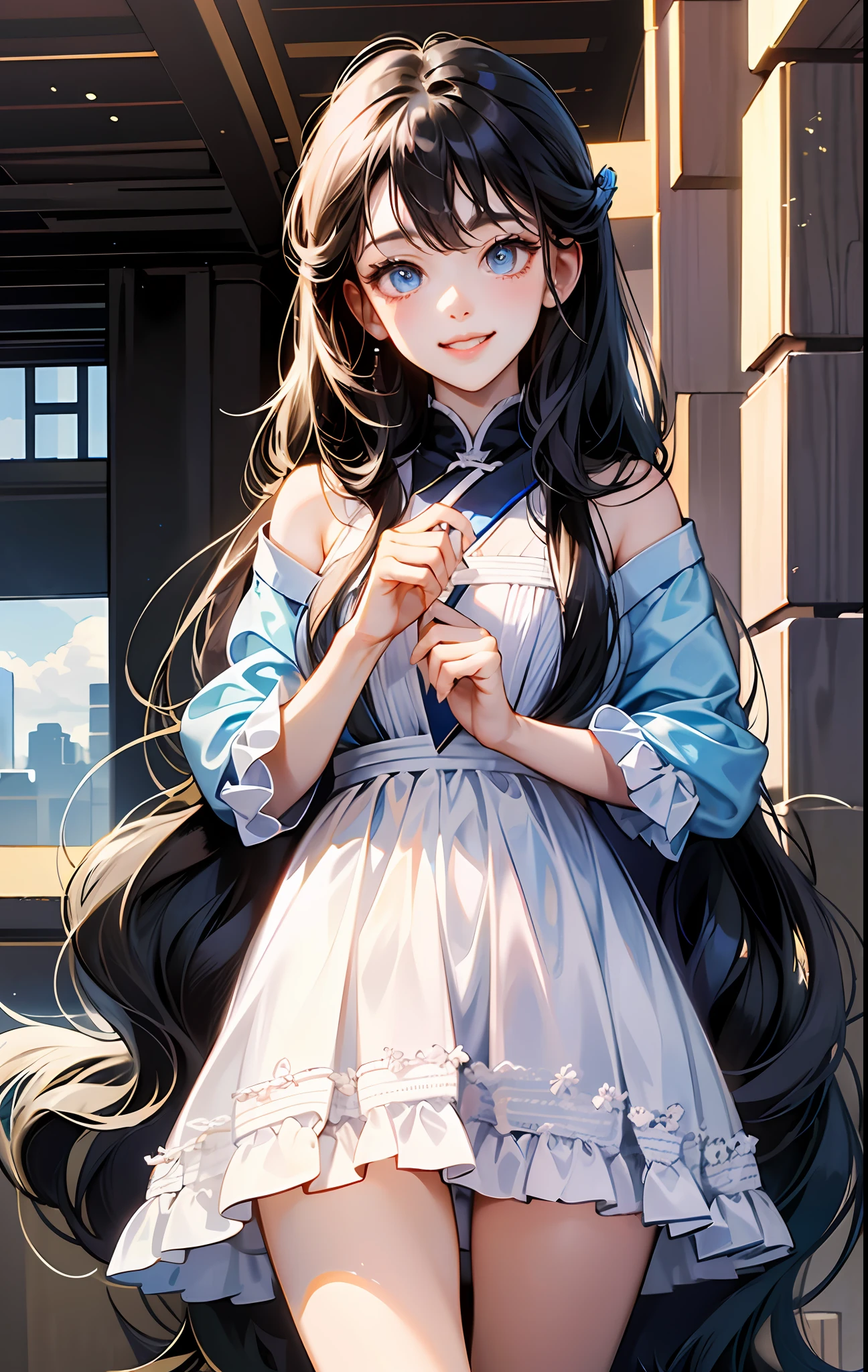 A high resolution,(Girl with long black hair),Blue eyes,Short white dress,Pay attention to detail,Eyes focused,正面,smil,With bangs。