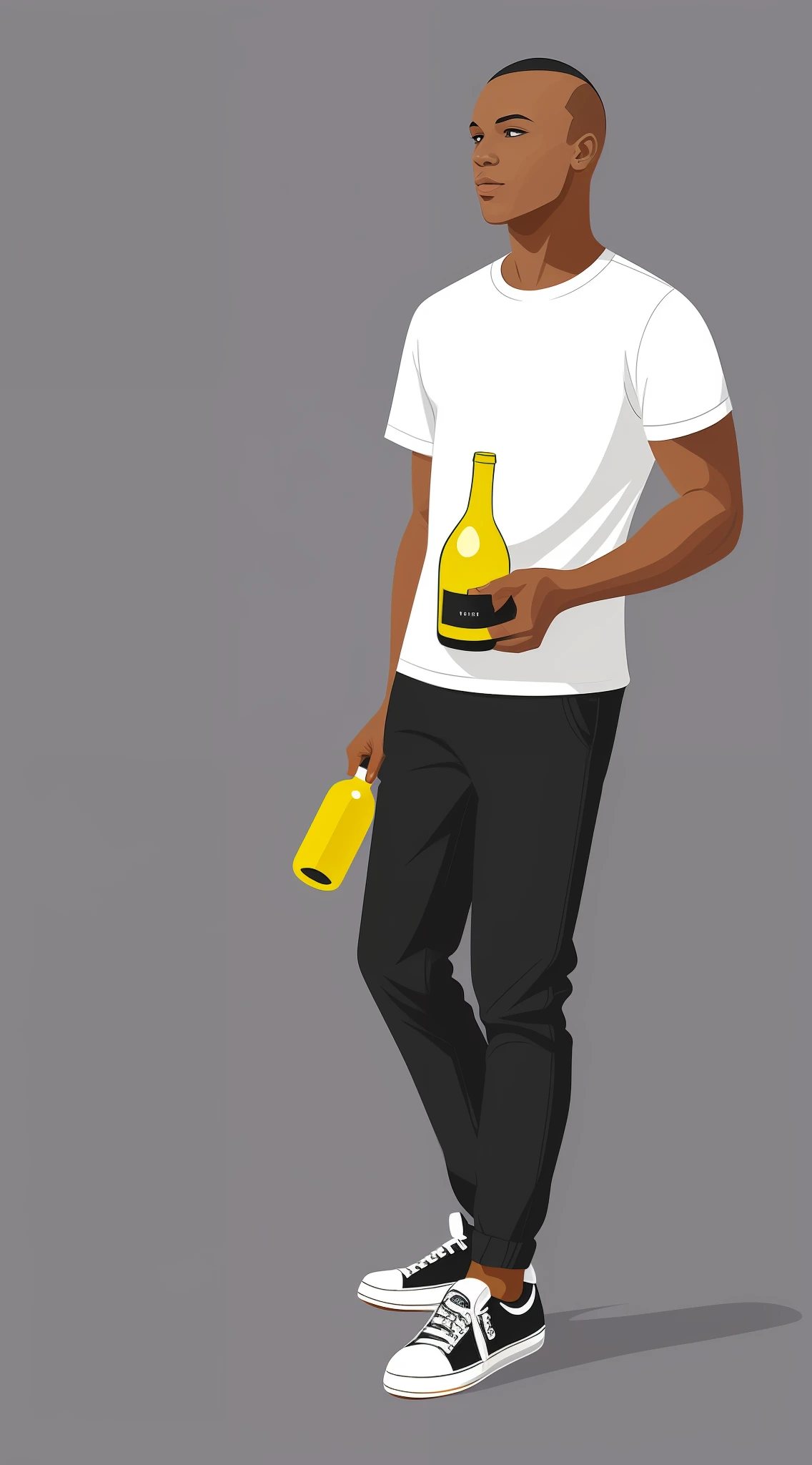 Illustration of black-haired young skinhead man with gray Parker and sneakers holding a green bottle of white wine is drawn in a flat design