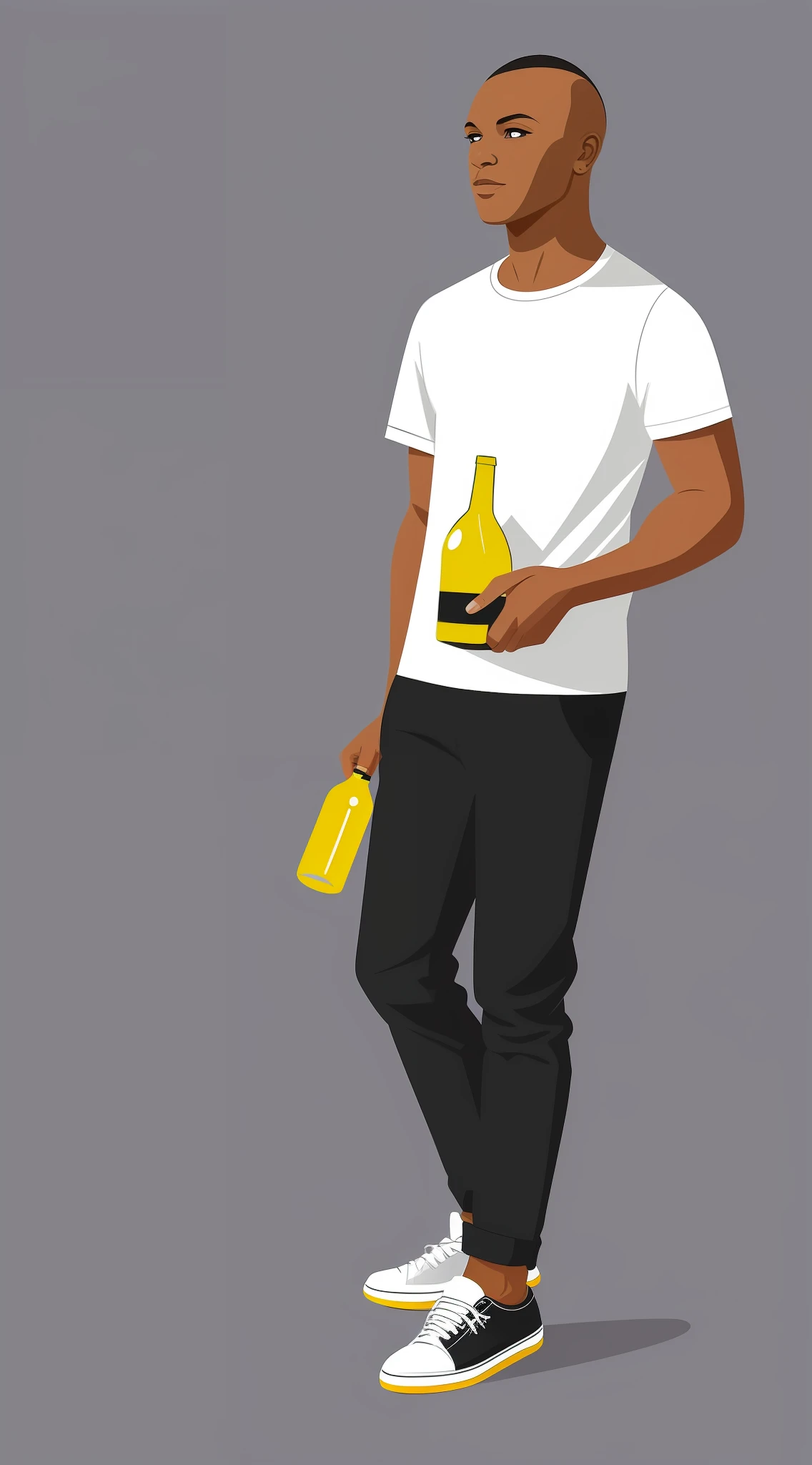 Illustration of black-haired young skinhead man with gray Parker and sneakers holding a green bottle of white wine is drawn in a flat design