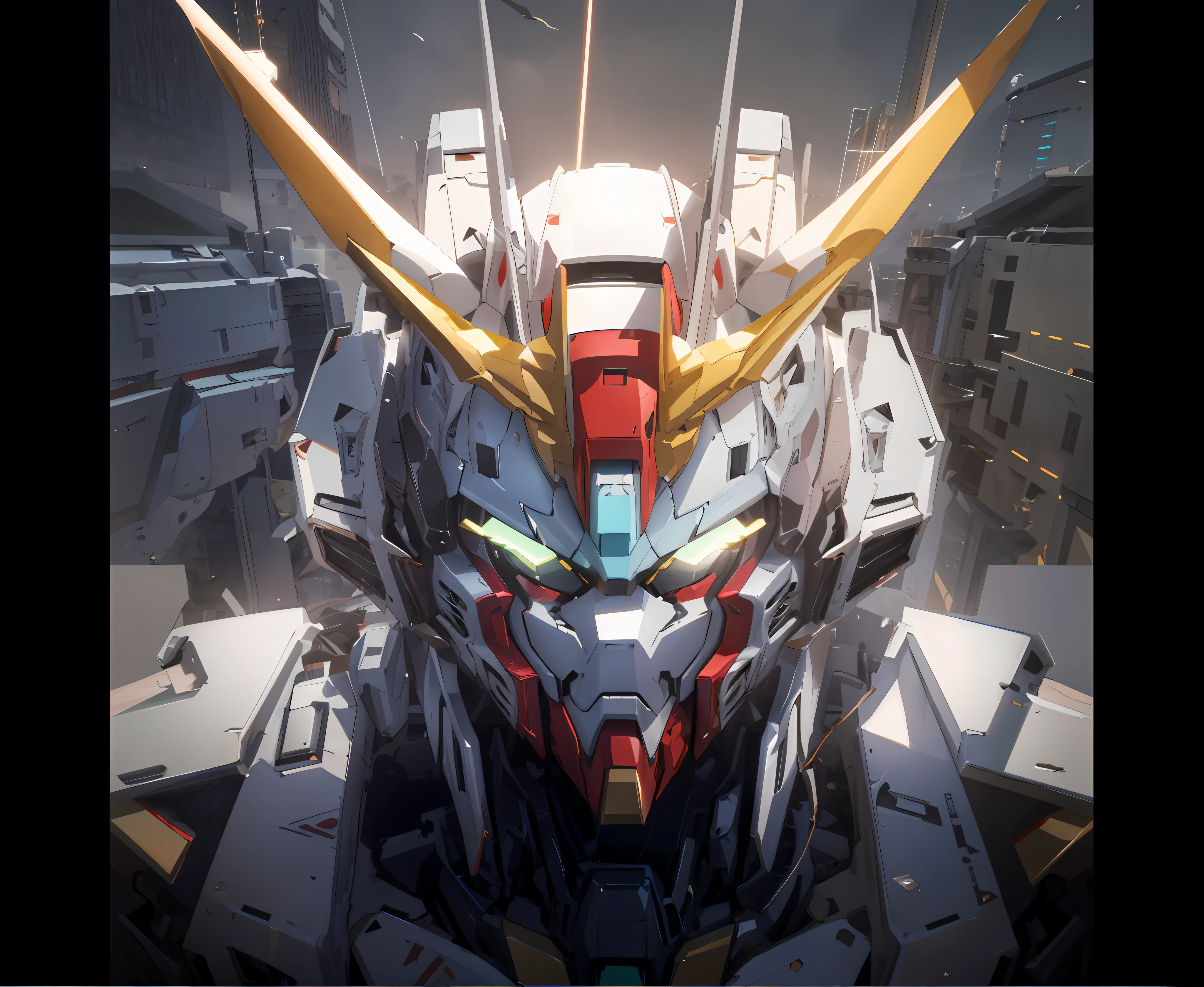 Close-up of a robot with a windy expression on his face,gundam head,Alexander Fira White Mech,Barbatos Gundam,mecha inspired,ArtStation masterpiece,Highly detailed digital art in 4K,gundam style,Robot mech,Cool mech style,Mecha portrait,ArtStation HD trends,Render with blue shift