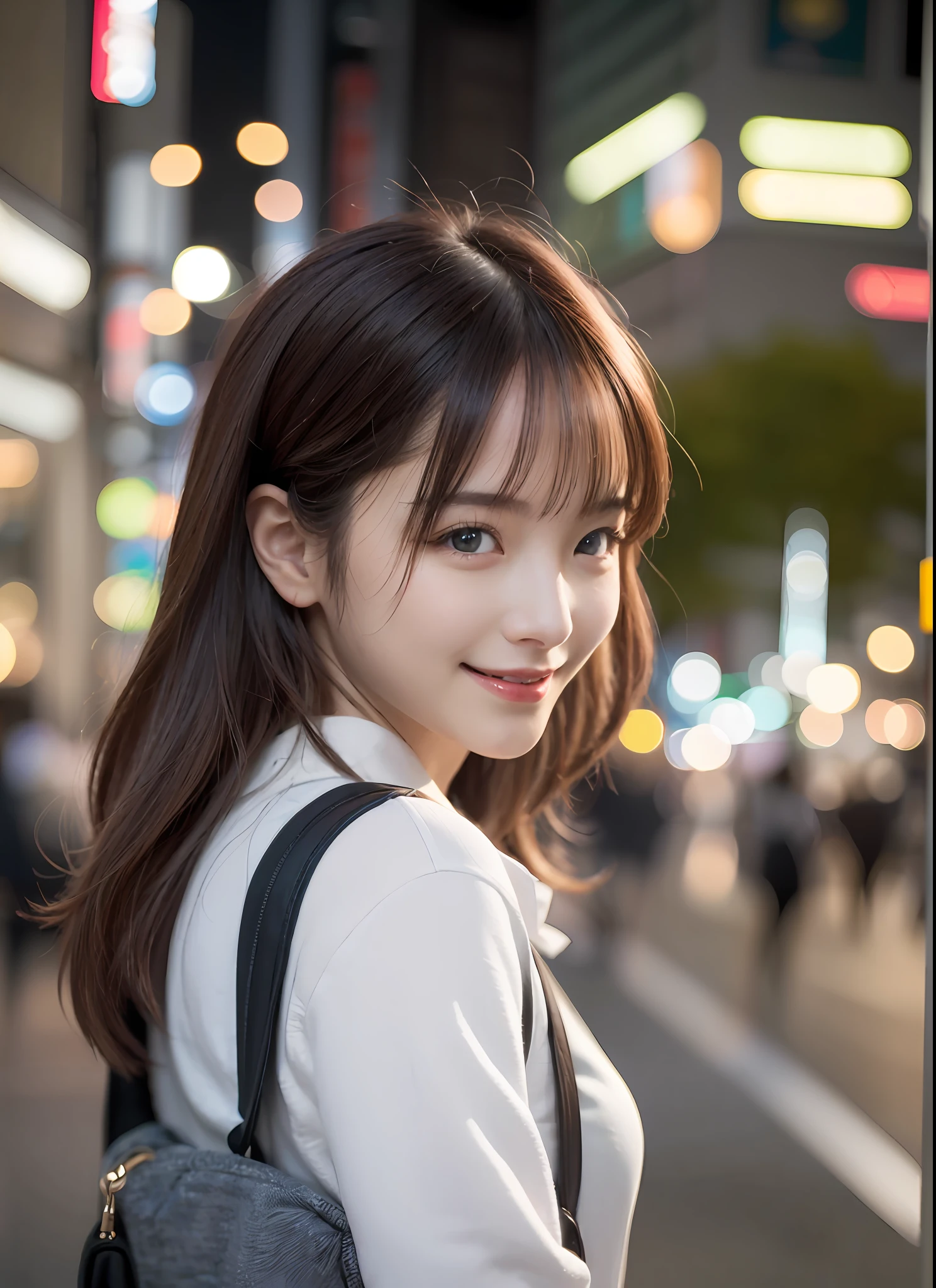 1girl, Tokyo street,night, cityscape,city lights,upper body,close-up,smile,, (8k, RAW photo, best quality, masterpiece:1.2),(realistic, photo-realistic:1.37),