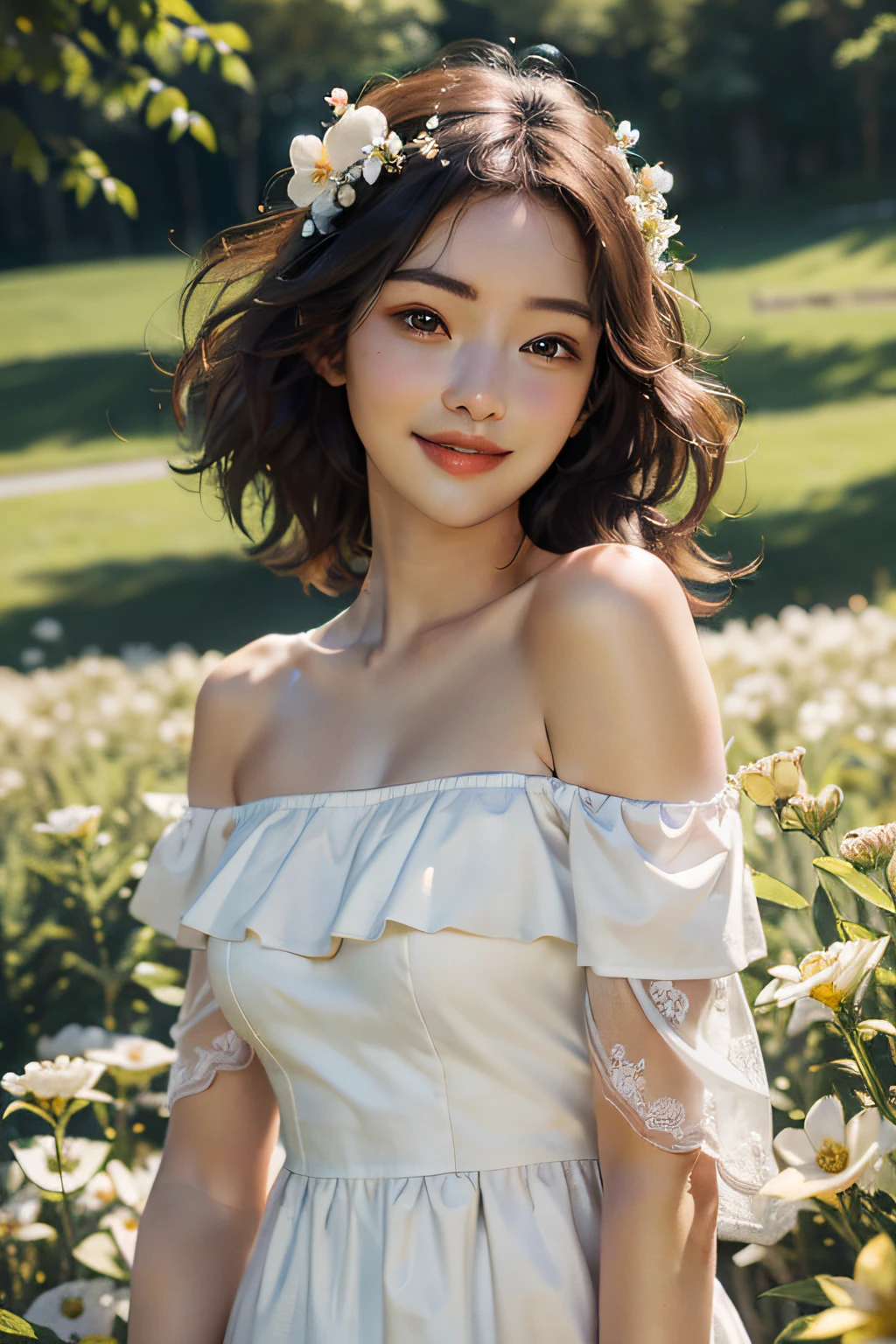 Best quality, masterpiece, ultra high res, (photorealistic:1.4), raw photo, 1girl, white dress, off shoulder, blossom flower field, glowing skin, light smile