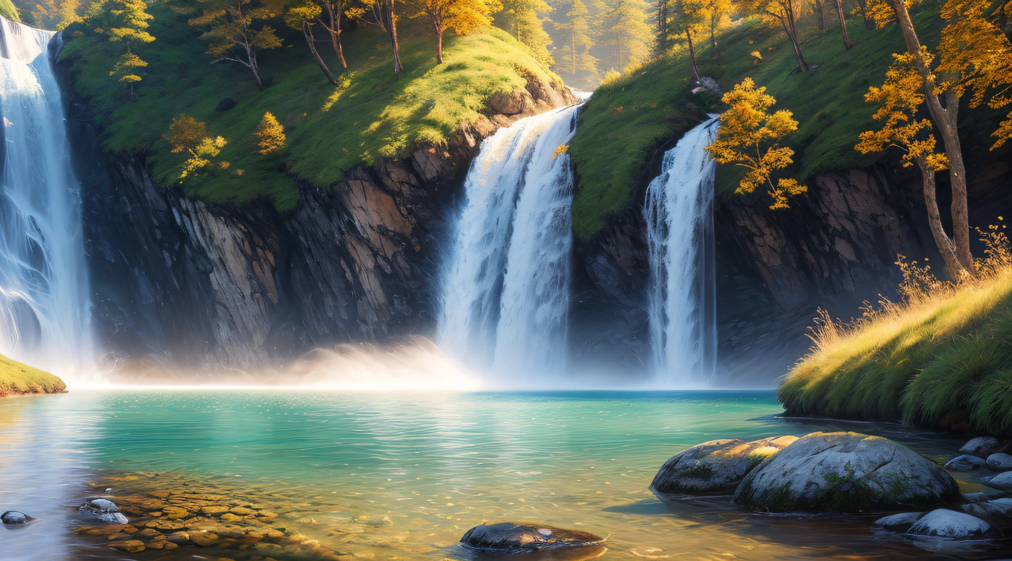 landscape, water, (extremely detailed CG unity 8k wallpaper), most beautiful artwork in the world, professional majestic oil painting, intricate, High Detail, Sharp focus, dramatic, photorealistic painting art