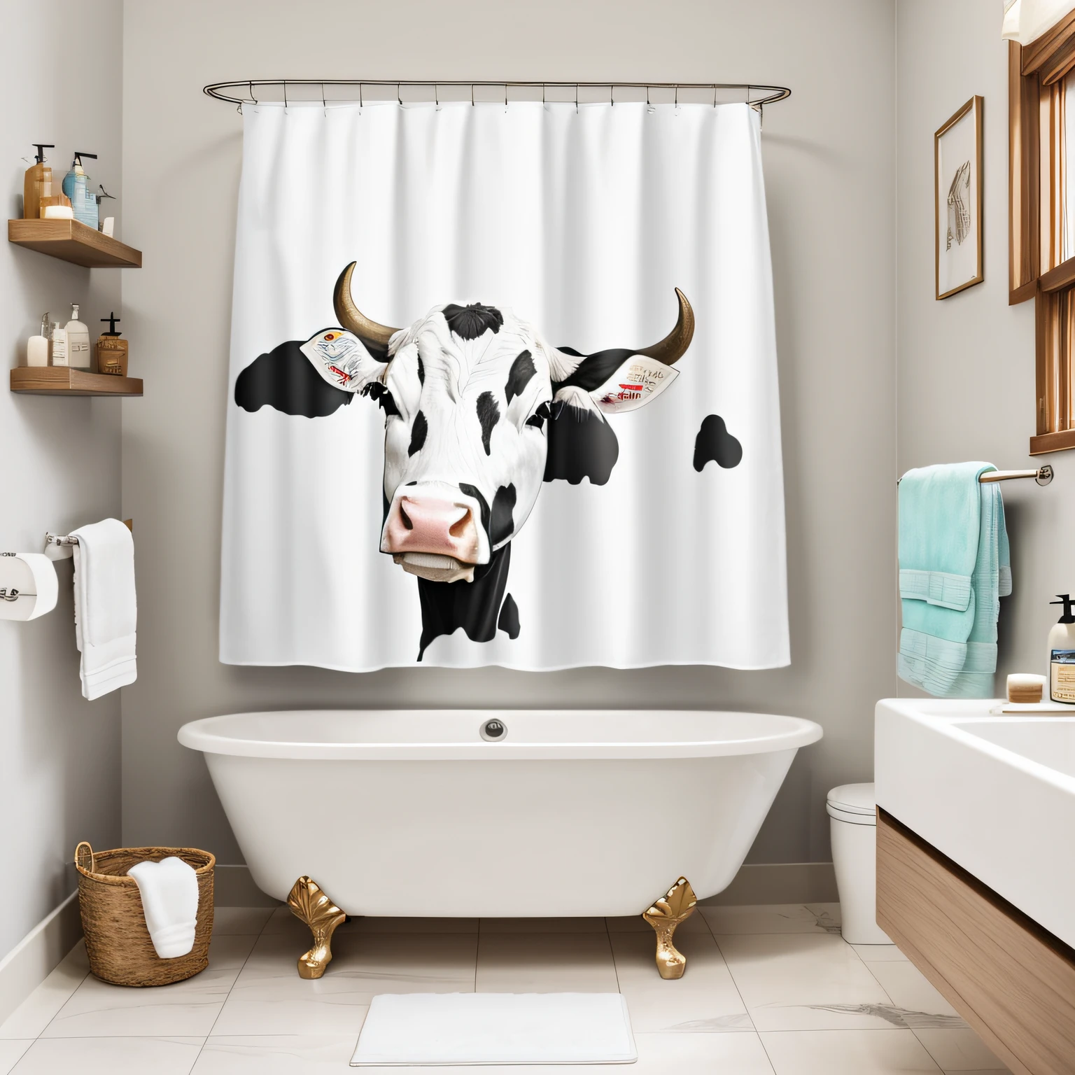 Bathroom scene with cow tattooed towels，Cow decorative painting，Cow toys，There are toiletries on the floor，Best Quority，Photographic pictures，Bathroom with sun，There was a bath，Cow tattooed towel，Cow pattern decoration，There is more ground，Overlooking --auto
