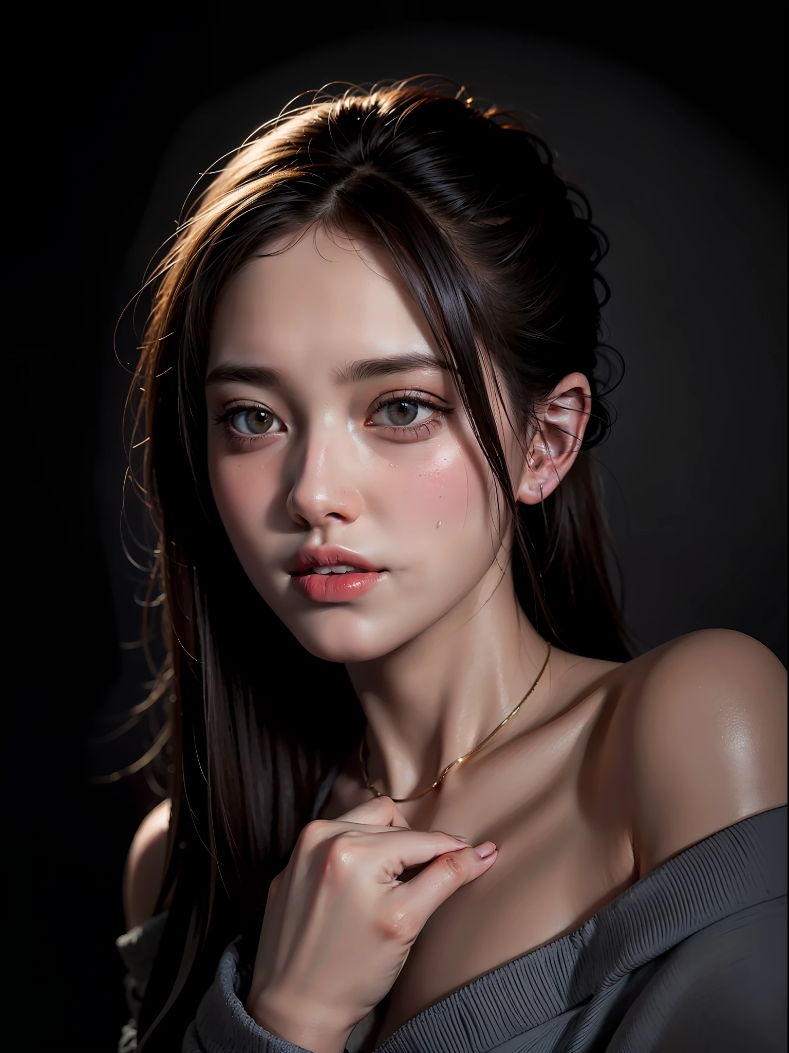 Best quality, masterpiece, ultra high res, (photorealistic:1.4), raw photo, 1girl, offshoulder, in the dark, deep shadow, low key, cold light