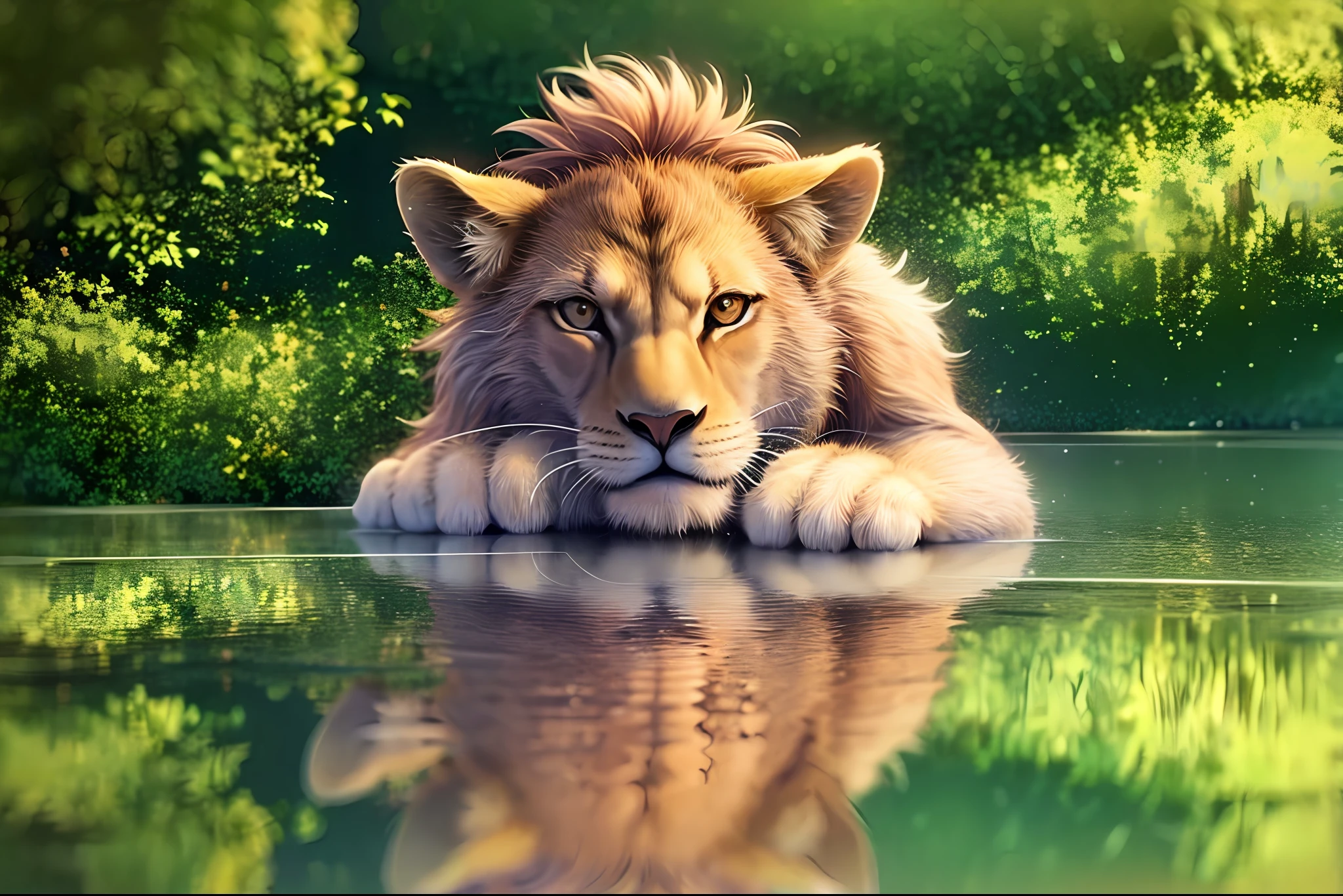 (Obra maestra, La mejor calidad:1.2),((Movie scene:1.2), (hermoso paisaje:1.3), High Mountains, puesta de sol, (A majestic lion:1.4) On top of a mountain, looking straight into camera, cielo pintoresco, nubes de colores, twilights:0.9)