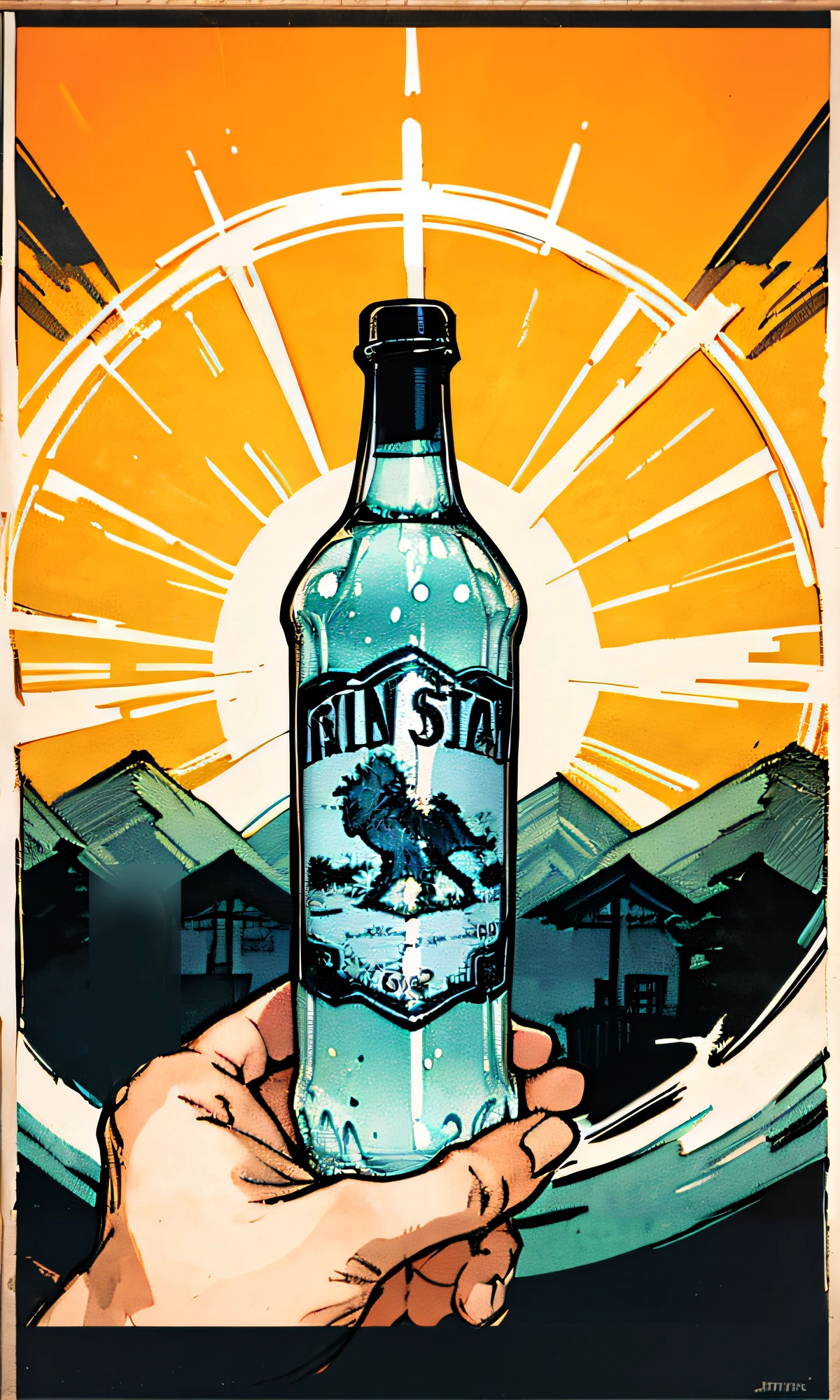 Someone was holding a bottle of water in his hand，The background is a mountain, inspired by Kanō Shōsenin, Martin Ansin, drink, shintoism, inspired by Hirohiko Araki, concept-art, videogame still, concept-art, Finstack, Fanart, digital still, rockstar games art, inspired by Hirohiko Araki