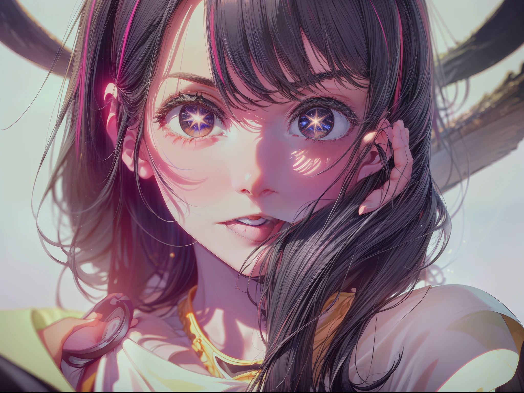 (шедевр)、the detail、in 8K、((Photo from the waist up))、((Jet-black magic is emanating from the hands))、Girl in tight white base dress、short dark hair、Realistic and sharp details、portrait shooting、Super Intricate Details、Ultra-fine details、Stay outside、