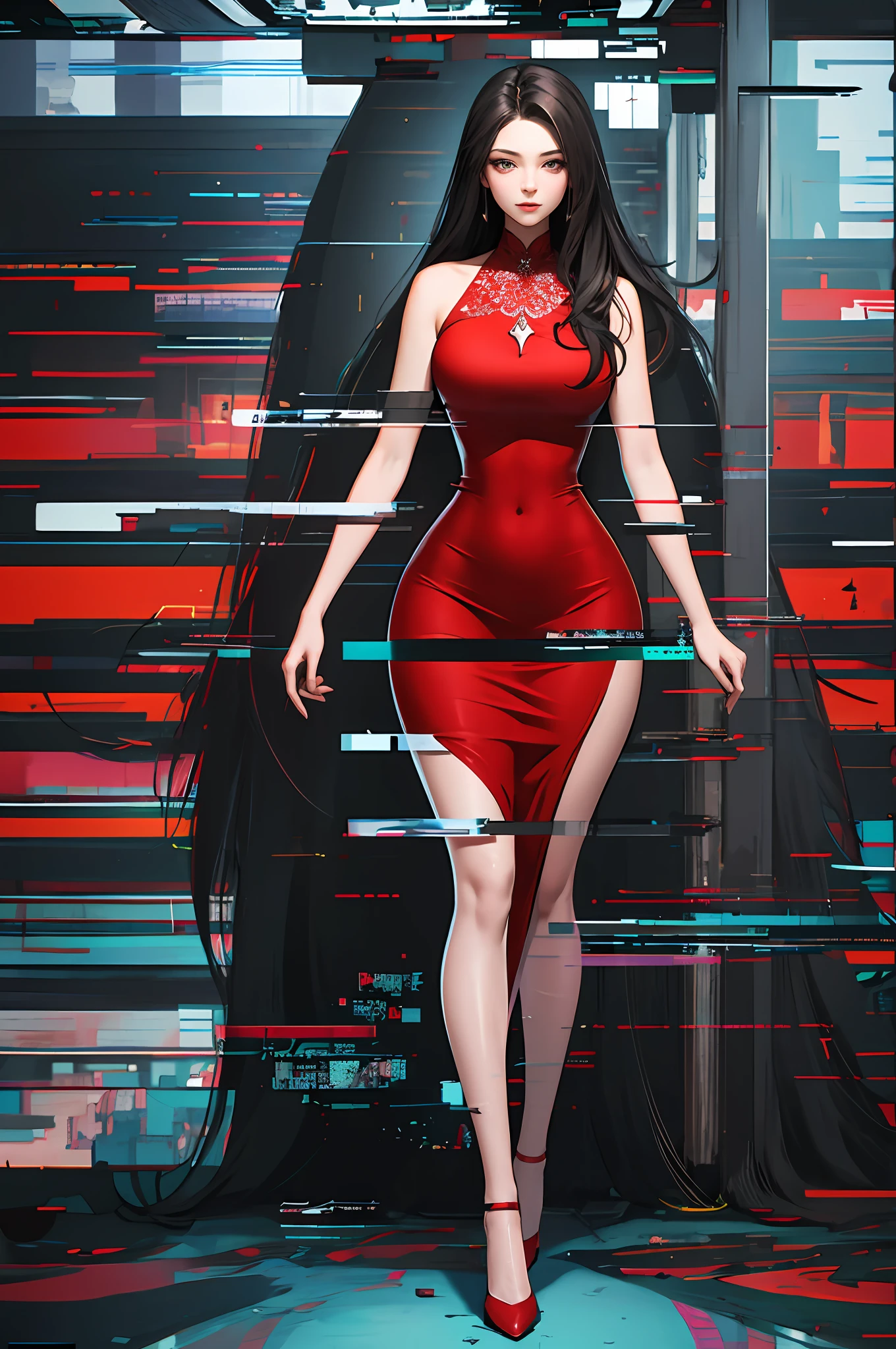 Highly detailed, High Quality, Masterpiece, beautiful, Glitching, glitch, solo, Girlfriend, red dress, curvy hourglass figure, full body.