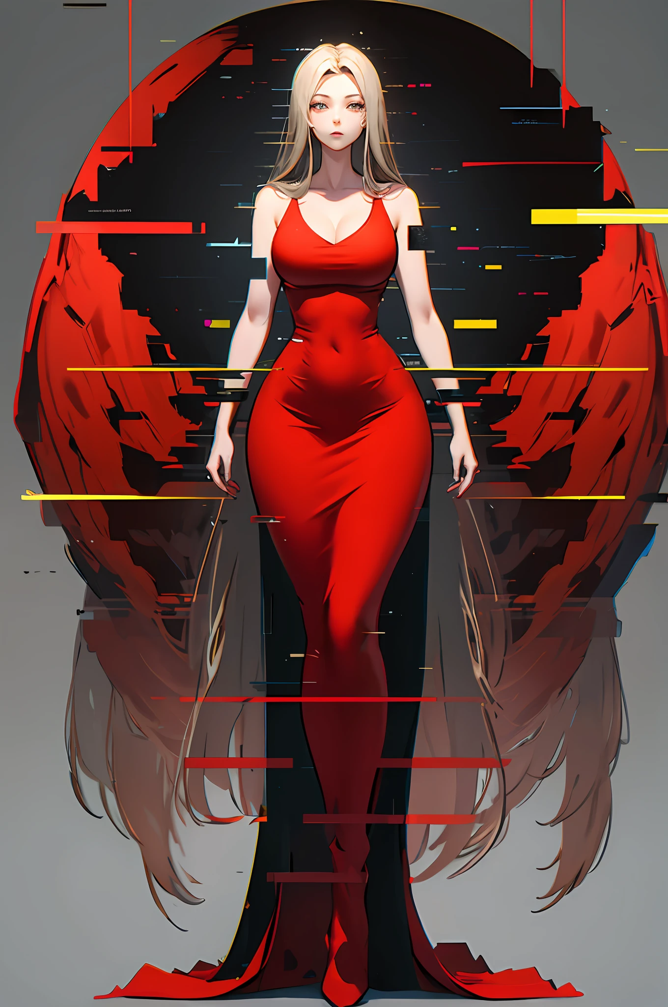 Highly detailed, High Quality, Masterpiece, beautiful, Glitching, glitch, solo, Girlfriend, red dress, curvy hourglass figure, full body.