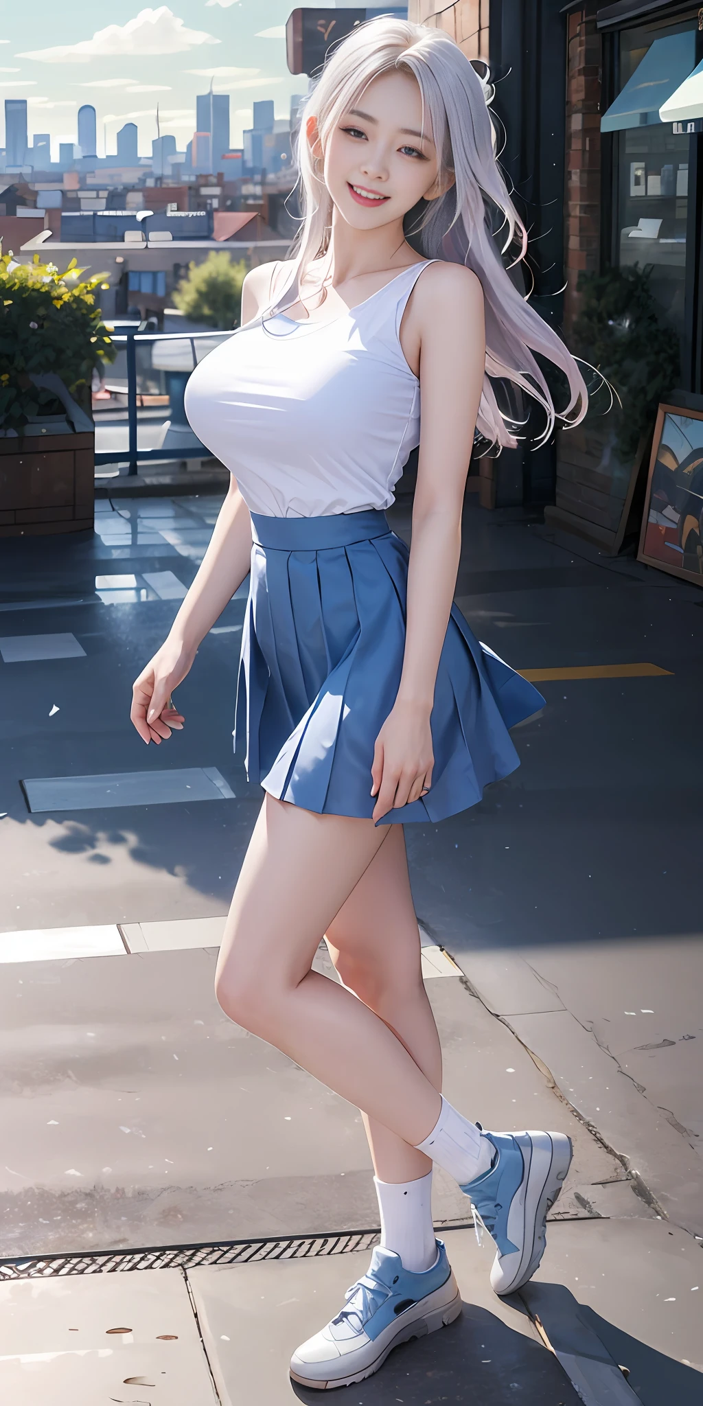 Official fine art,masterpaintings,Sharp focus,(Beautiful gorgeous and cute Korean leg model:1.3),(Beautiful and cute Korean leg model:1.3),Korean beauty,Delicate and beautiful hair and eyes and face,slimfigure,Sexy perfect body,Huge breasts,realisticlying,hyper detailled,a beautifulchi girl,blue-sky,Glowing white particles,(side-lighting:1.2),sun beam,baiyun,Detailed clouds,Slender legs,Toothy laughter,((Laugh and open your eyes)),scenecy,Long straight hair, sexy facial expression, architectural, (Cityscape:1.7), Dynamic hair, Long straight hair, Delicate platinum-pink hair, glow blue eyes, (blue pleated shirt+whitish skirt), long white socks, paleskin, hair adornments, epic landscapes,