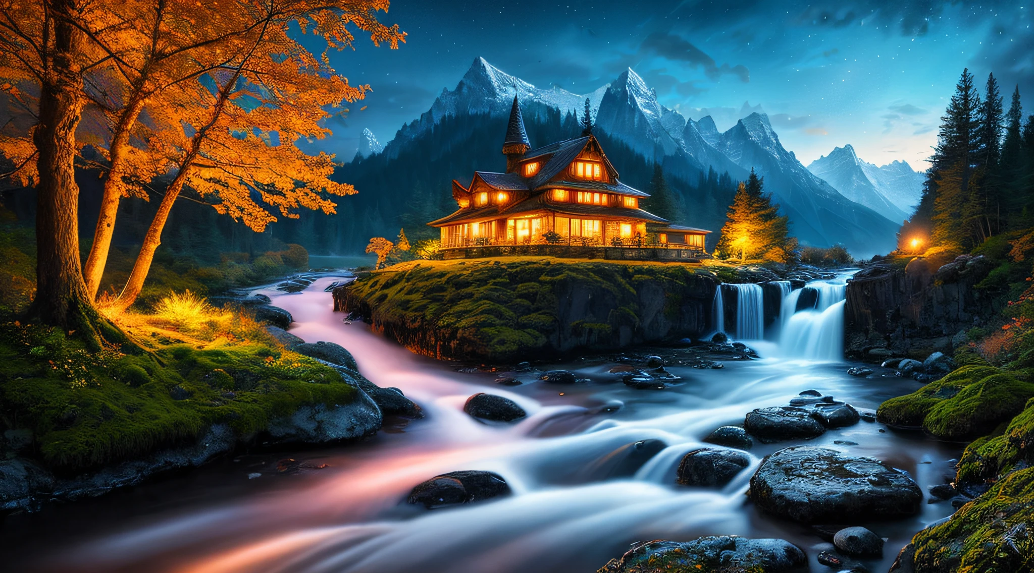 best quality, masterpiece, beautiful wild and natural fantasy landscape with glowing lights