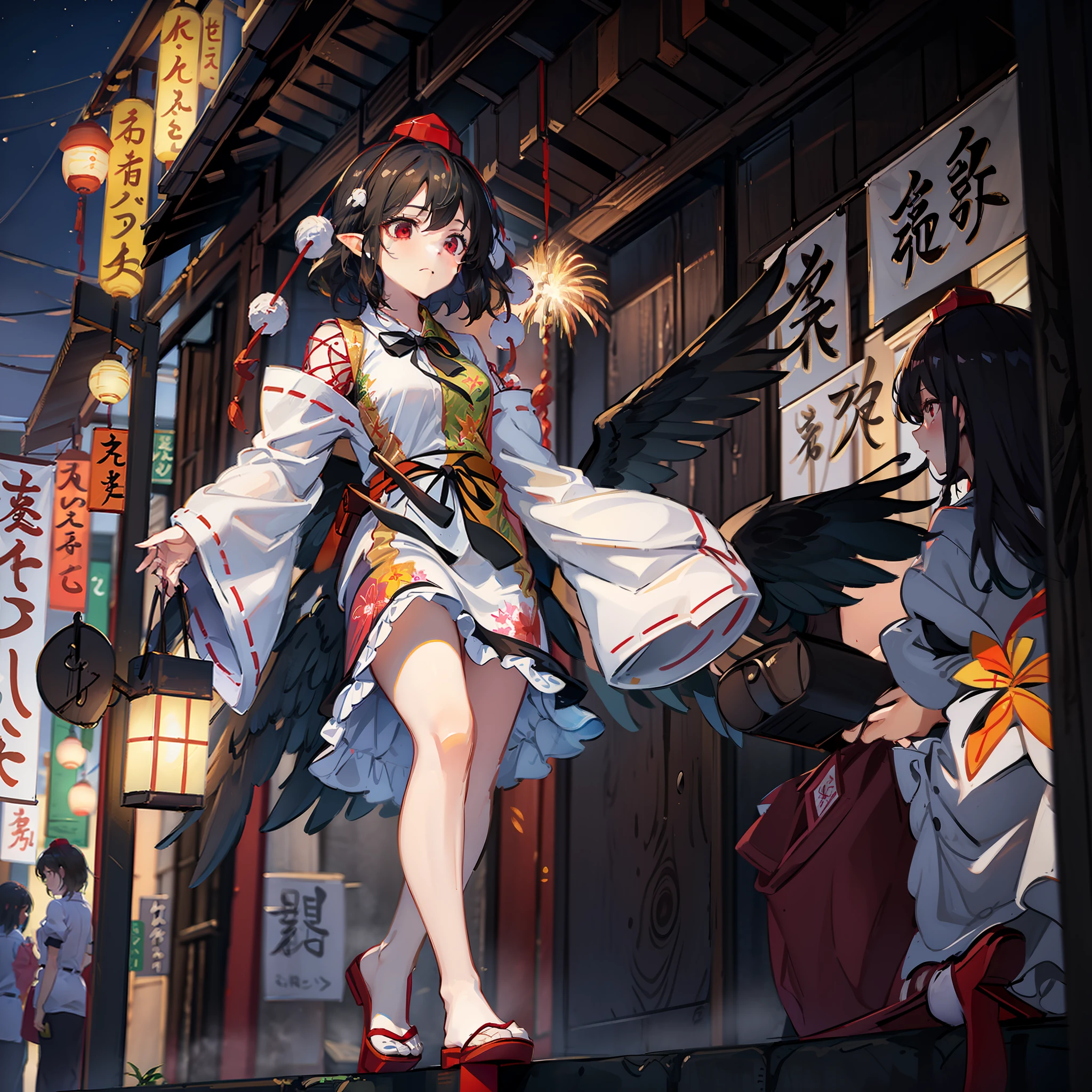 masterpiece, fine detail, 4k, 8k, 12k, solo, one person, beautiful girl, white woman, Touhou Project Shameimaru Aya, yukata, Japanese clothes, night, summer festival, fireworks