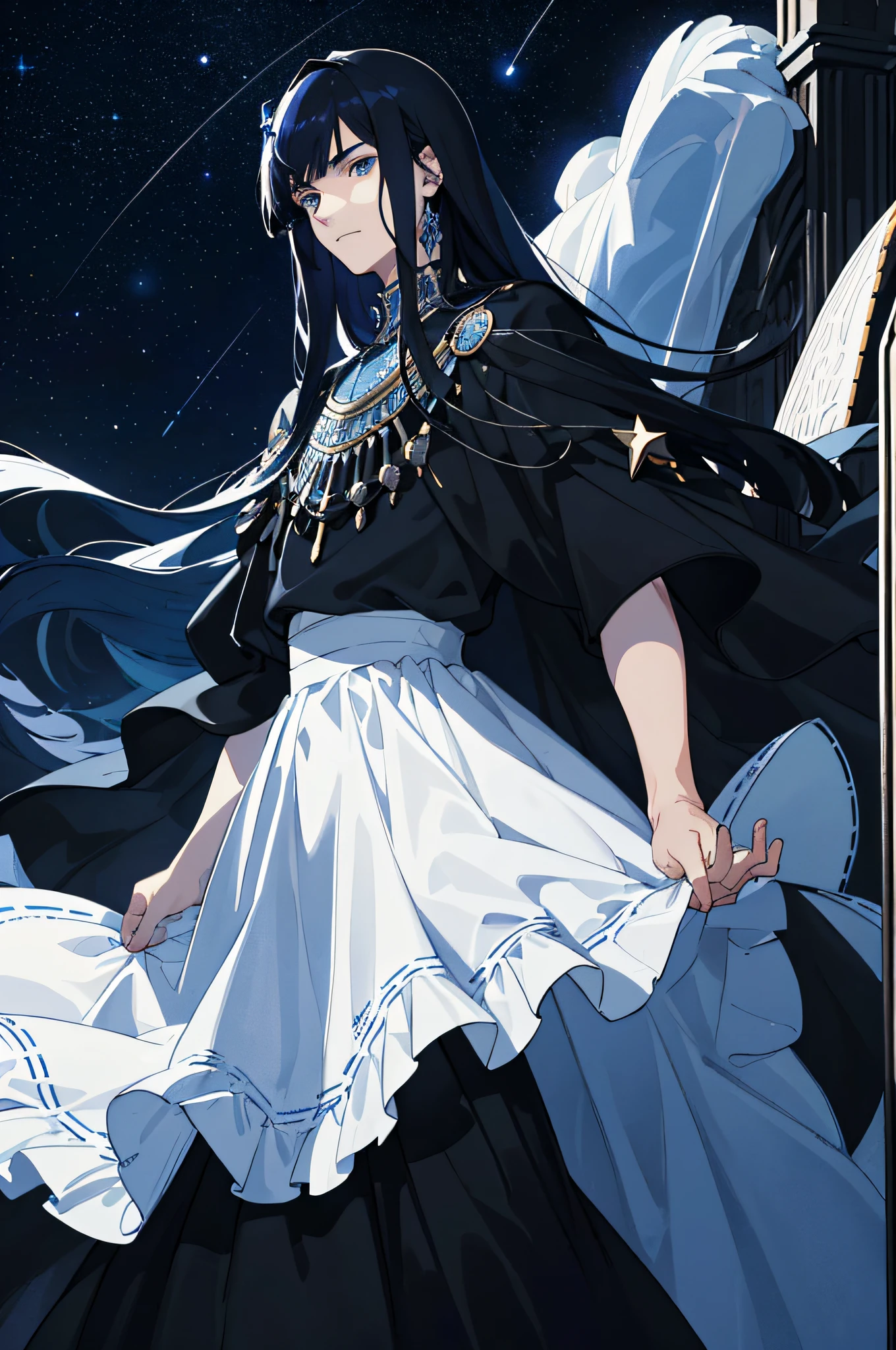 Masterpiece, best quality, teenager, male, long dark blue hair, straight hair, flush bangs, white skin, indifferent expression, intricate details, black skirt, delicate princess dress, dark night, starry sky, stars, black, blue, black background