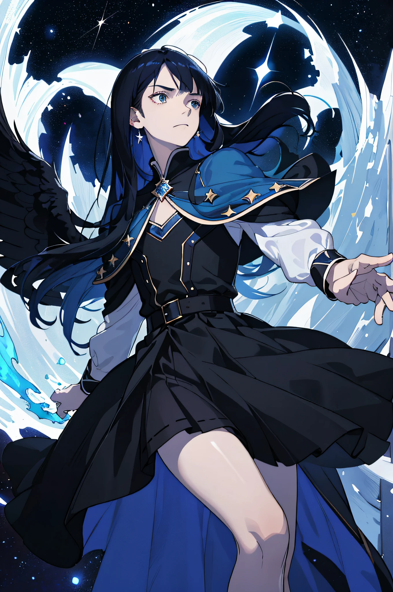 Masterpiece, best quality, ager, male, long dark blue hair, straight hair, flush bangs, white skin, indifferent expression, intricate details, black skirt, delicate princess dress, dark night, starry sky, stars, black, blue, black background