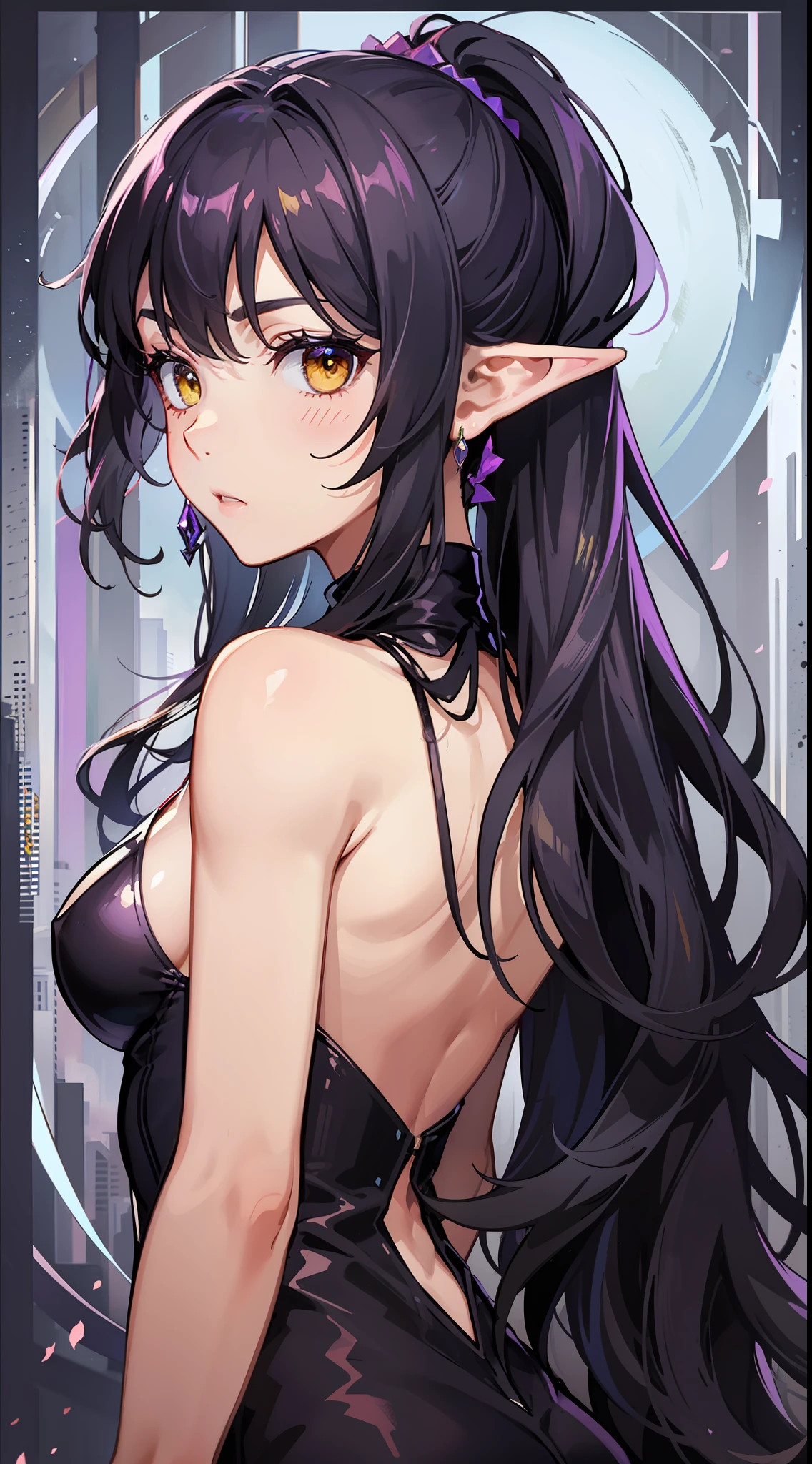 Young black girl, long curly purple hair, elf ears, low ponytail, nice, Yellow eyes, open purple drees, open shoulders, open back, standing back, look around, Masterpiece, high qulity