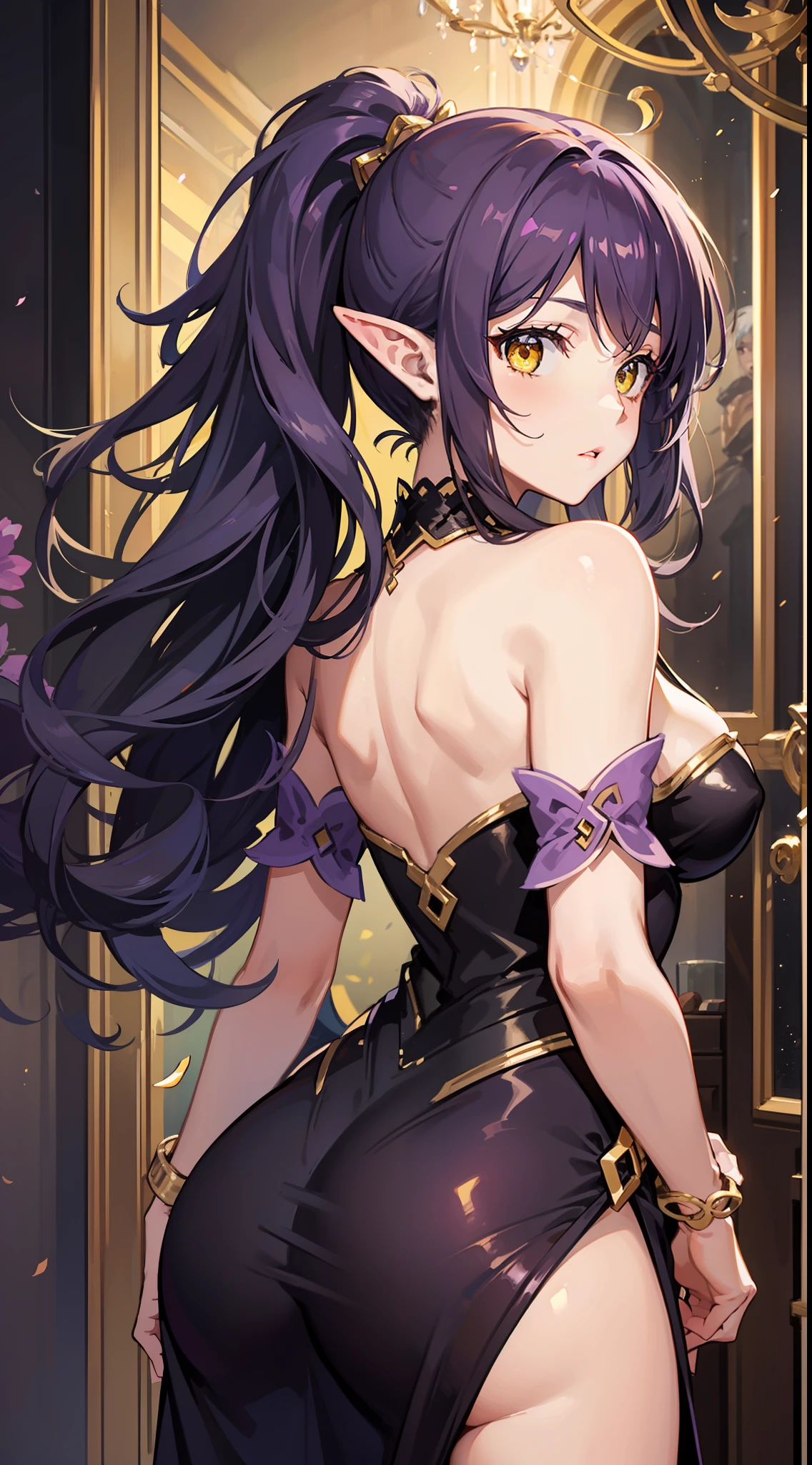 Young black girl, long curly purple hair, elf ears, low ponytail, nice, Yellow eyes, open purple drees, open shoulders, open back, standing back, look around, Masterpiece, high qulity