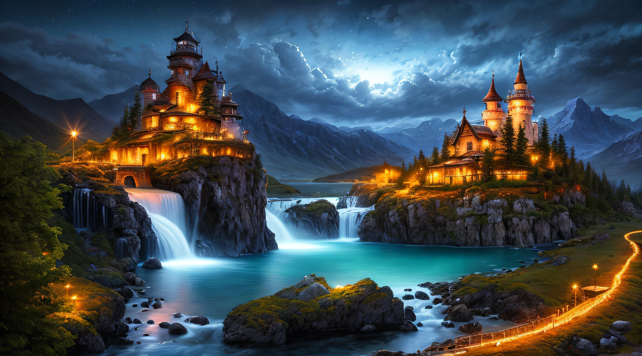 best quality, masterpiece, beautiful wild and natural fantasy landscape with glowing lights