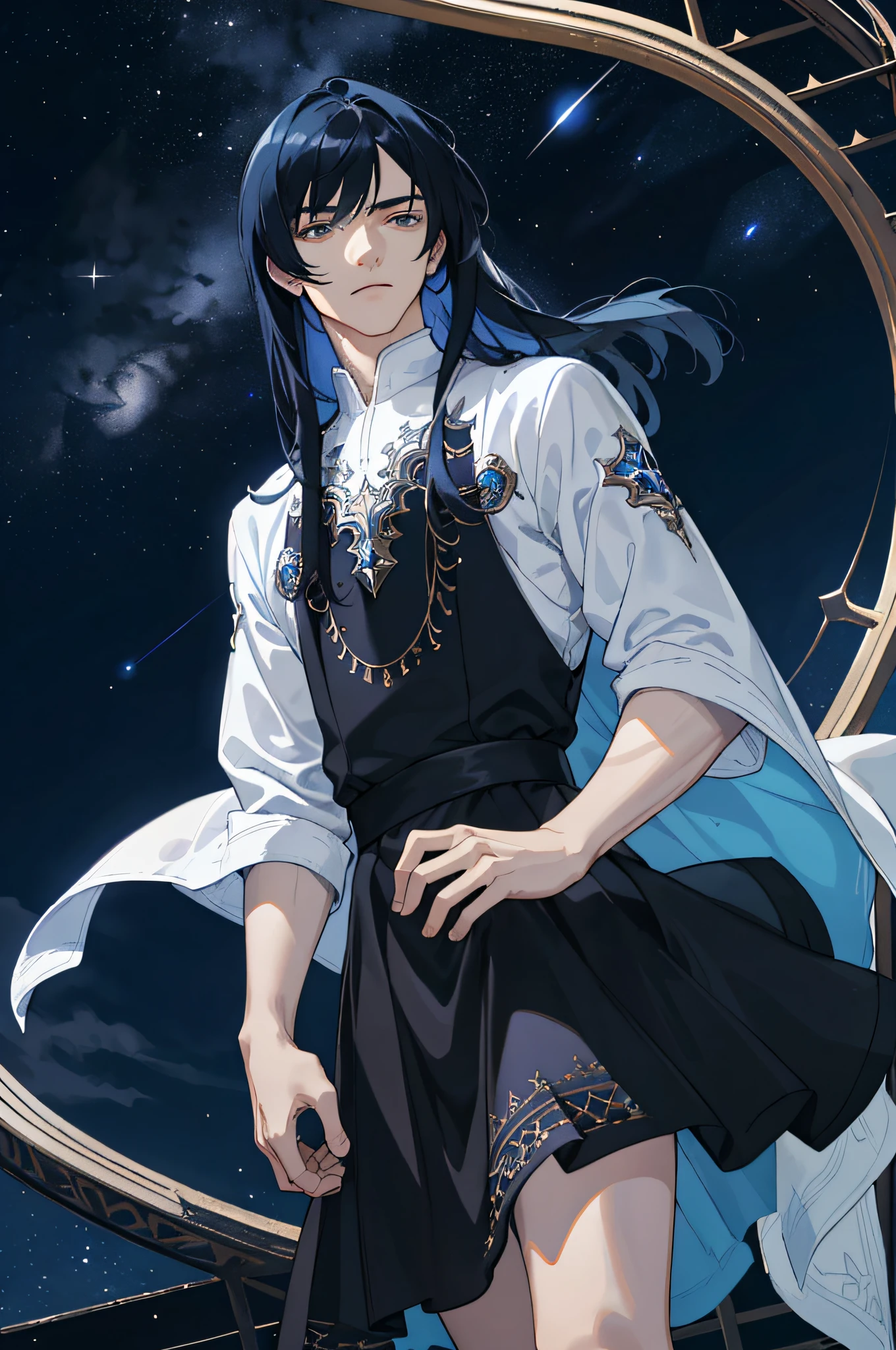 Masterpiece, best quality, teenager, male, long dark blue hair, straight hair, flush bangs, white skin, indifferent expression, intricate details, black skirt, delicate princess dress, dark night, starry sky, stars, black, blue, black background