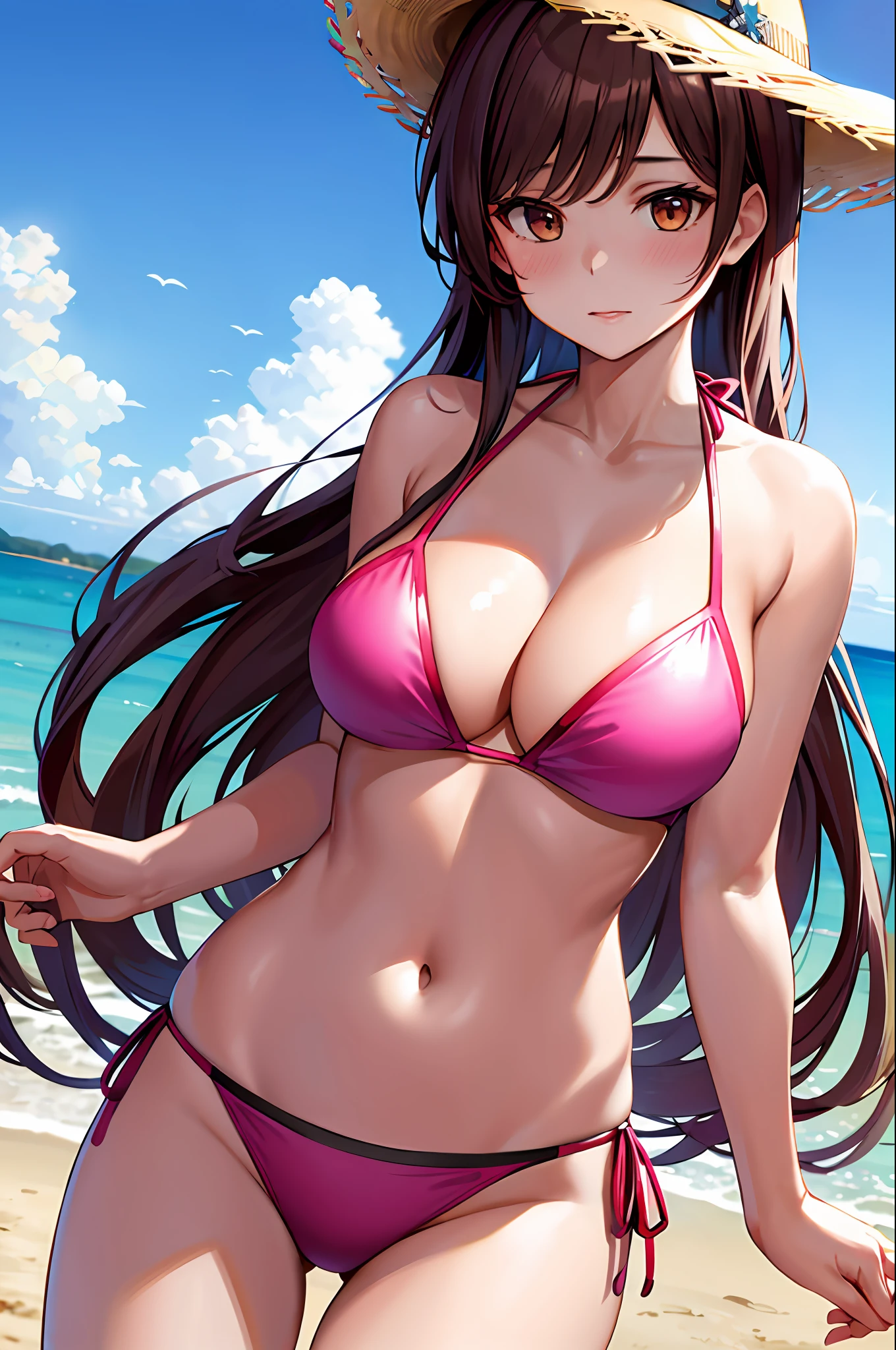 masterpiece, best quality, highres, chi1, 1girl, one_side_up, solo, bikini, navel, pink bikini, collarbone, side-tie bikini bottom, large breasts, bangs, cleavage, cowboy shot, beach