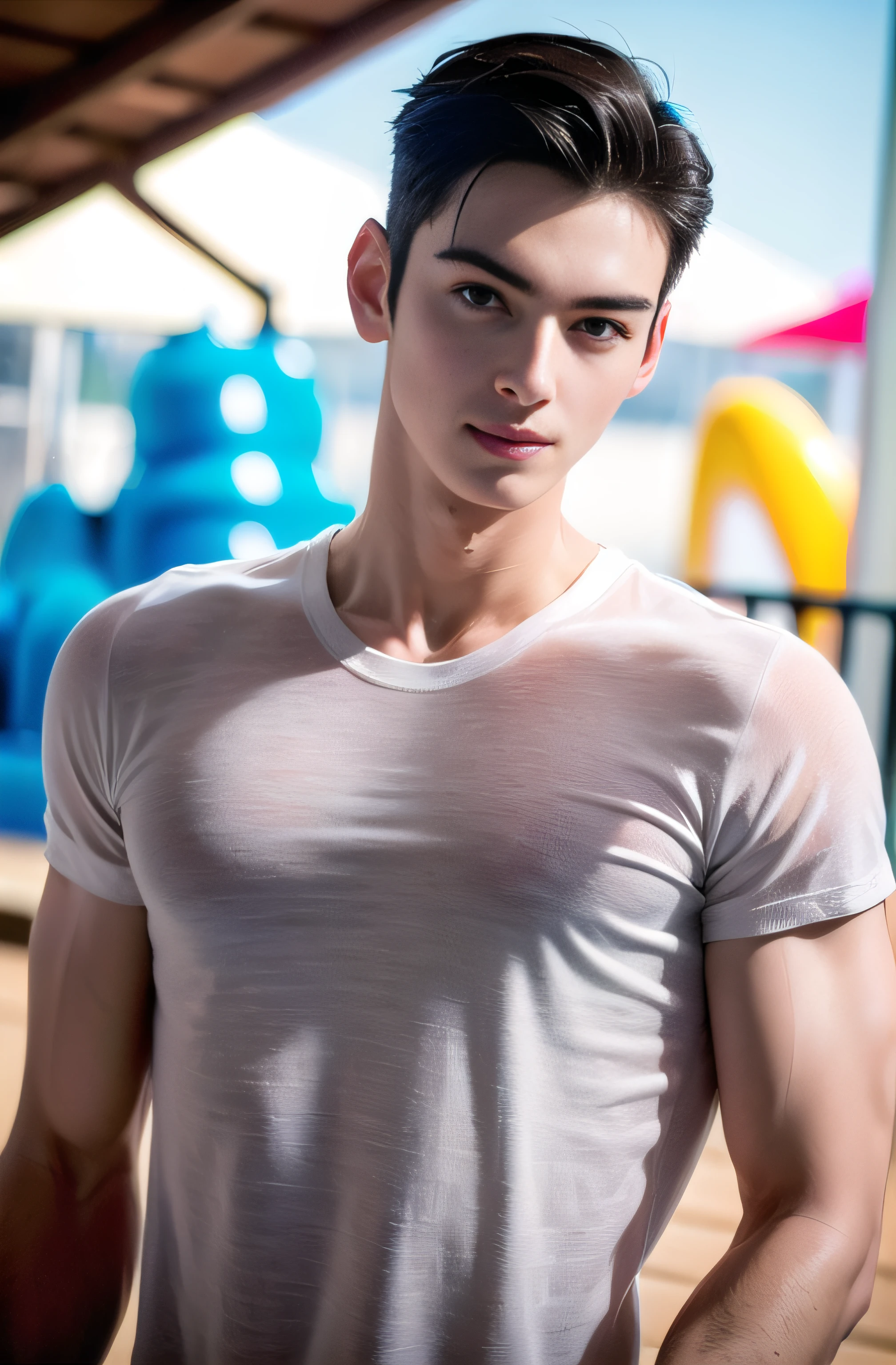 1boy, Italian man, young (male:1.5), grey eyes, slender eyes, (detailed eyes:1.3), (very short hair:1.3), under_cut, Pompadour, see-through:1.3 ((wet skinny T-shirt)), ((handsome, sharp, wild facial features,))), (robust muscular body), (robust physique), enjoying, dynamic shot, amusement waterpark background, 
eunwoo,