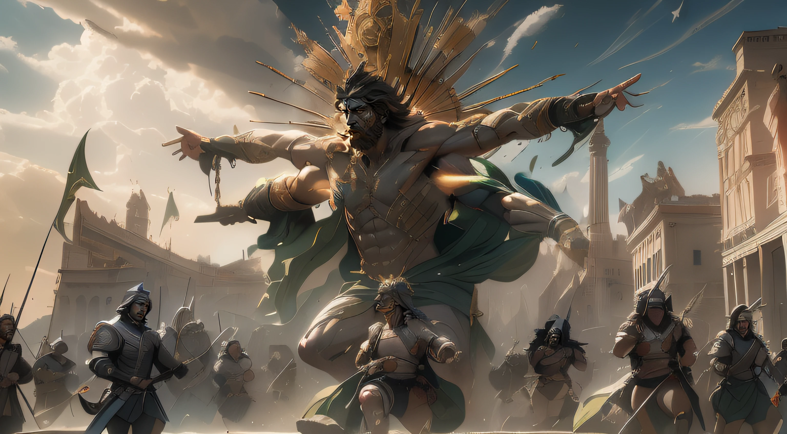 (((giant men, (4 forearm), (4 face)) on dramatic sky)), On a vaIn this grand ancient battlefield, A giant attach the ancient army engaged in intense combat with war chariots rushing forward and ancient warriors wielding swords and engaging in fierce battles. Blood splattered, weapons and armor were broken, and battle flags fluttered in the wind, symbolizing victory and glory. The war chariots charged forward, causing the ground to shake and metal sounds to ring out like thunder, stirring the enthusiasm of the warriors.The entire battlefield was filled with swords, blood, and flesh flying around. The warriors fought with all their might, exchanging their lives and blood for the victory of this war. The dust and smoke on the ground spread, and with each sword and explosion, the entire battlefield became even more majestic. However, the cost of the war was tragic, with countless soldiers falling on the battlefield, and their sacrifice was etched into the glorious history of the nation. hdr, (photorealism, masterpiece quality, best quality), pureerosface_v1,ulzzang-6500-v1.1 INFO