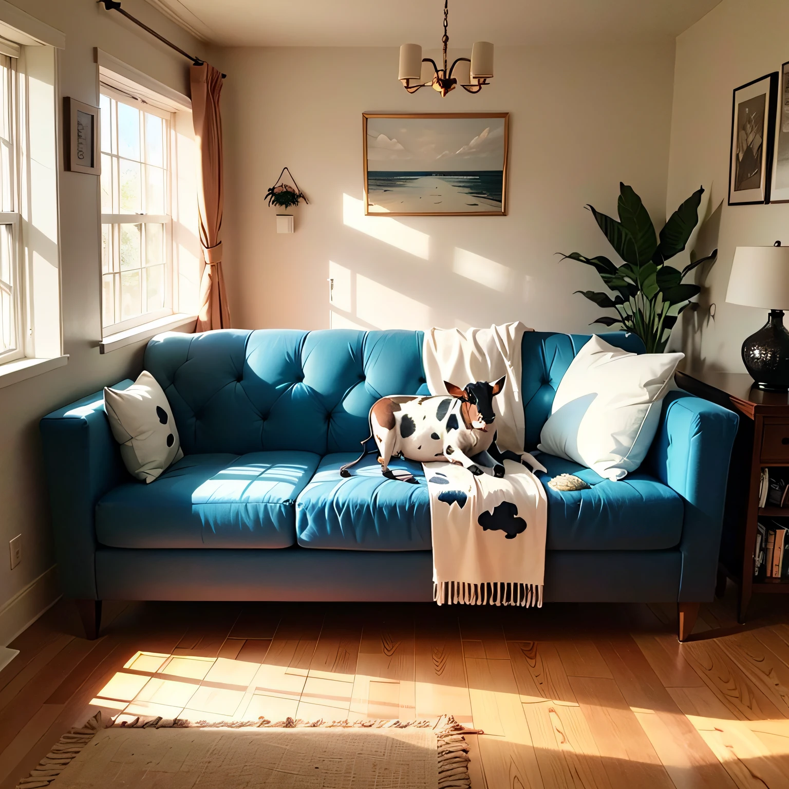 Living room decorated with cows，Cow decorative painting，Small sofa，Best Quority，Photographic pictures，A room with sunshine，There was a sofa，Blanket with cow print on the sofa，Cow pattern decoration，There is more ground， --auto