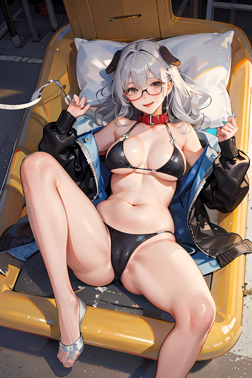 A girl with silver hair,Lie on your back on the playground,A plump chest,Bondage,Wear a rope coat,Wearing round-rimmed glasses,Stupid smile,Open your legs outward,A thick layer of white liquid covered her body,Translucent white swimsuit,A beautiful flesh looming,With your mouth open,The tongue is full of white foam,Open your legs outward,Translucent panties cling to the skin,The body is stained with yellow mucus,Wearing a collar,A dog leash is attached to the collar,Puffed belly,Expose navel