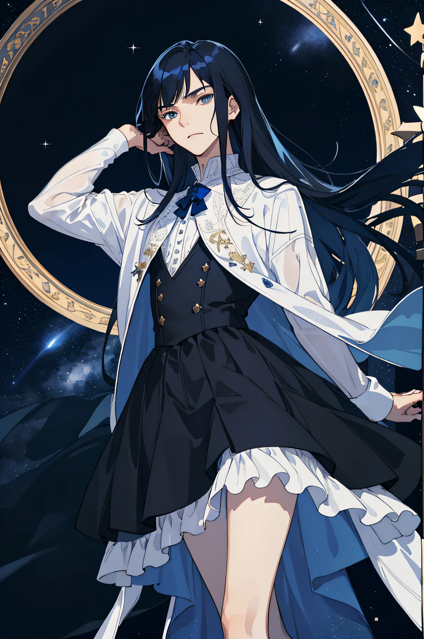 Masterpiece, best quality, teenager, male, long dark blue hair, straight hair, flush bangs, white skin, indifferent expression, intricate details, black skirt, delicate princess dress, dark night, starry sky, stars, black, blue, black background