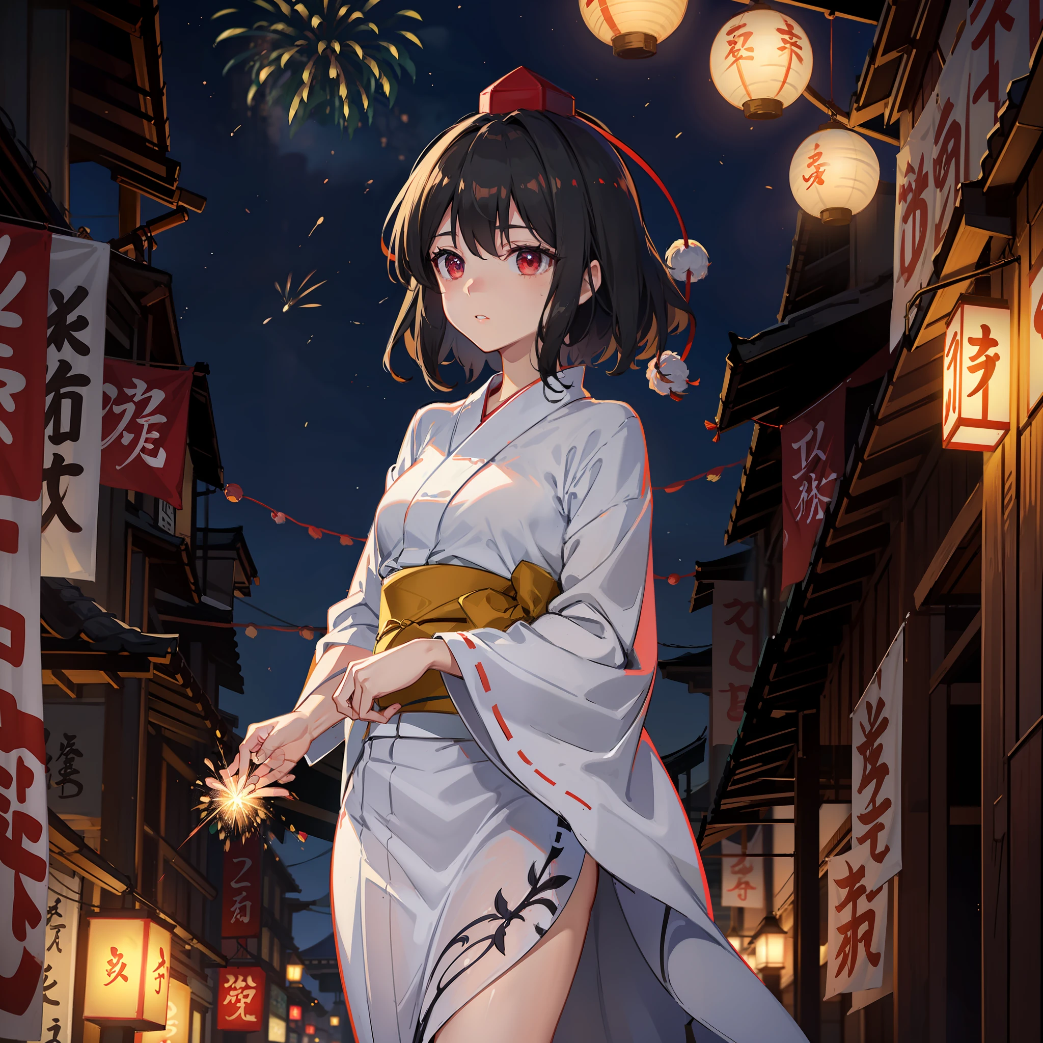 masute piece, Fine detail, 4K, 8K, 12K, Solo, One person, Beautiful Girl, caucasian female, Touhou Project Shameimaru Aya, Yukata, komono, Night, Summer Festival, Fireworks