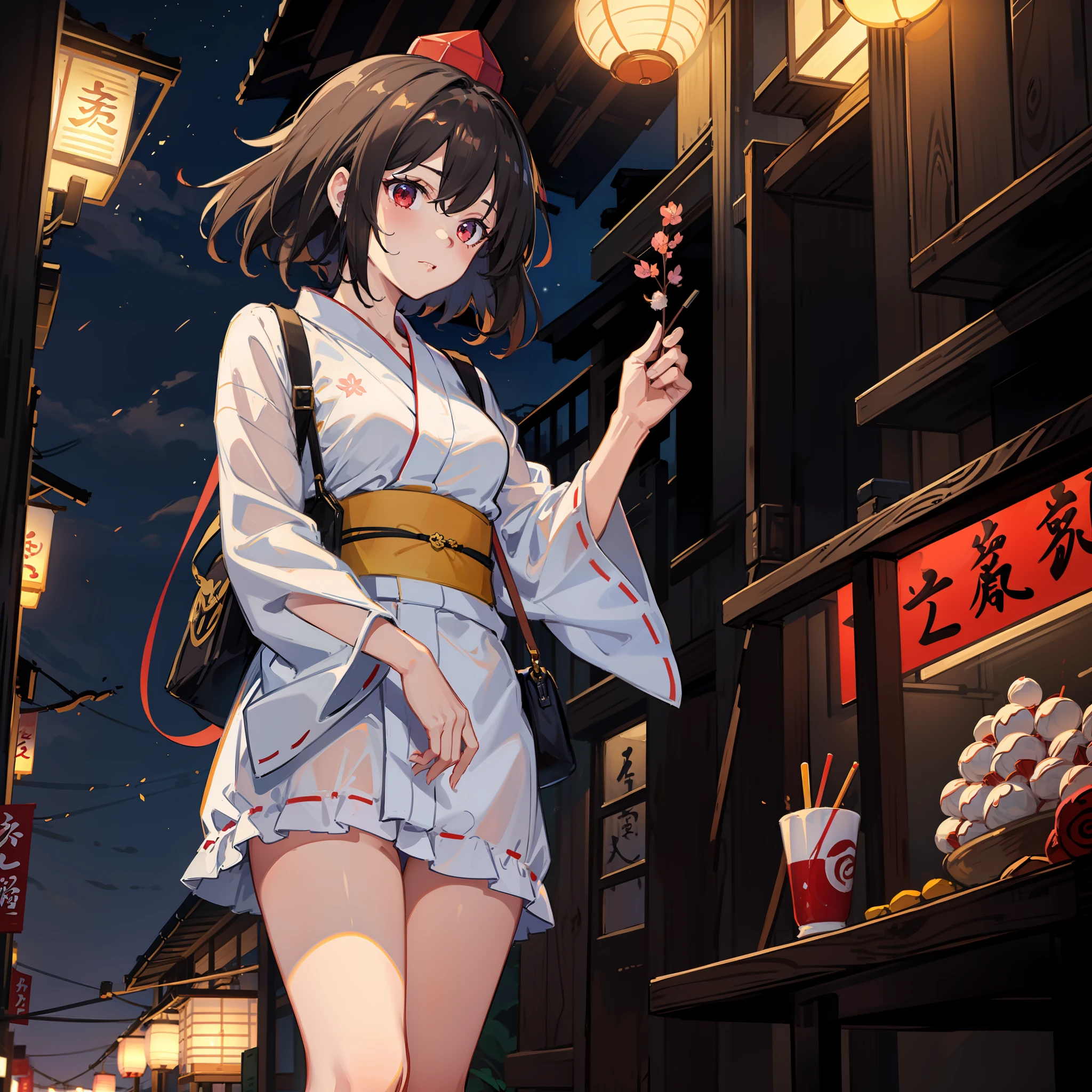 masute piece, Fine detail, 4K, 8K, 12K, Solo, One person, Beautiful Girl, caucasian female, Touhou Project Shameimaru Aya, Yukata, komono, Night, Summer Festival, Fireworks