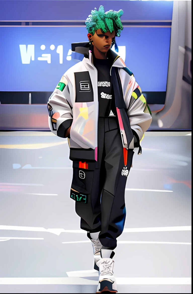 a man in a jacket and pants walking down a runway, negroid,male people,Green short bob hair,runway photo, Greg Rutkowski's style, futuristic tech wear, On the runway, pastel', multilayered outfit, virgil abloh, futuristic tech wear, heron preston, post modernist layering, cyberpunk streetwear, streetwear fashion, wearing futuristic, inspired by Russell Dongjun Lu, wearing cyberpunk streetwear, profile shot,(3Drender),(((C4D)))