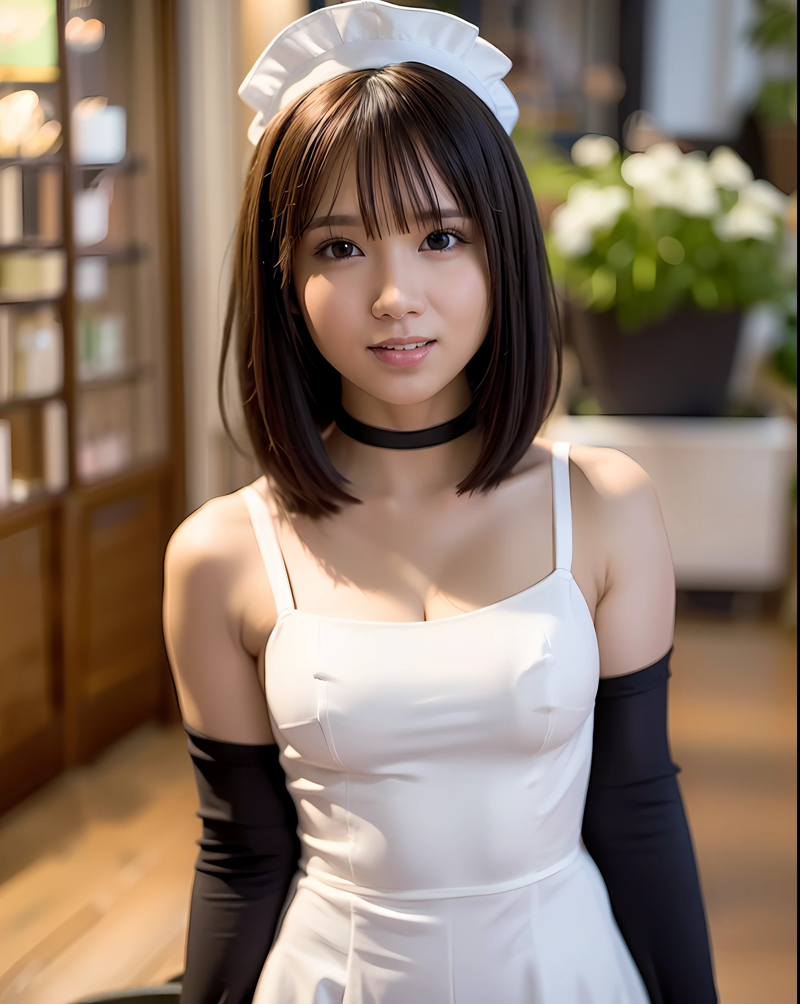 best quality, photorealistic, 8k, high res, 1girl, woman, (skindentation), (professional lighting), (portrait:0.6), (maid dress:1.64), (white choker:1), cityscape:1.6, gorgeous, ((black hair)), (short straight hair:1.4), (flowing hair:1.6), (eyes looking at viewer), ((looking at viewer:1.5)), (looking at the camera), photorealistic, (bokeh), (portait:0.6), (dynamic pose:1.2), from above, sfw, smile:1.3,