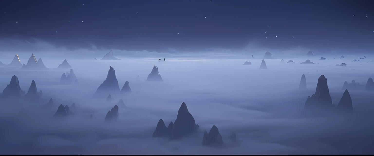 there are many mountains in the sky with a lot of clouds, volumetric clouds and fog, Atmospheric fantasy sky, floating lands in-clouds, misty clouds, foggy night sky, Floating mountains, matte painting arcane dota pixar, ethereal landscape, mountains in fog background, avatar landscape, Atmospheric fantasy setting, misty mountains, epic dreamlike fantasy landscape, misty space --auto