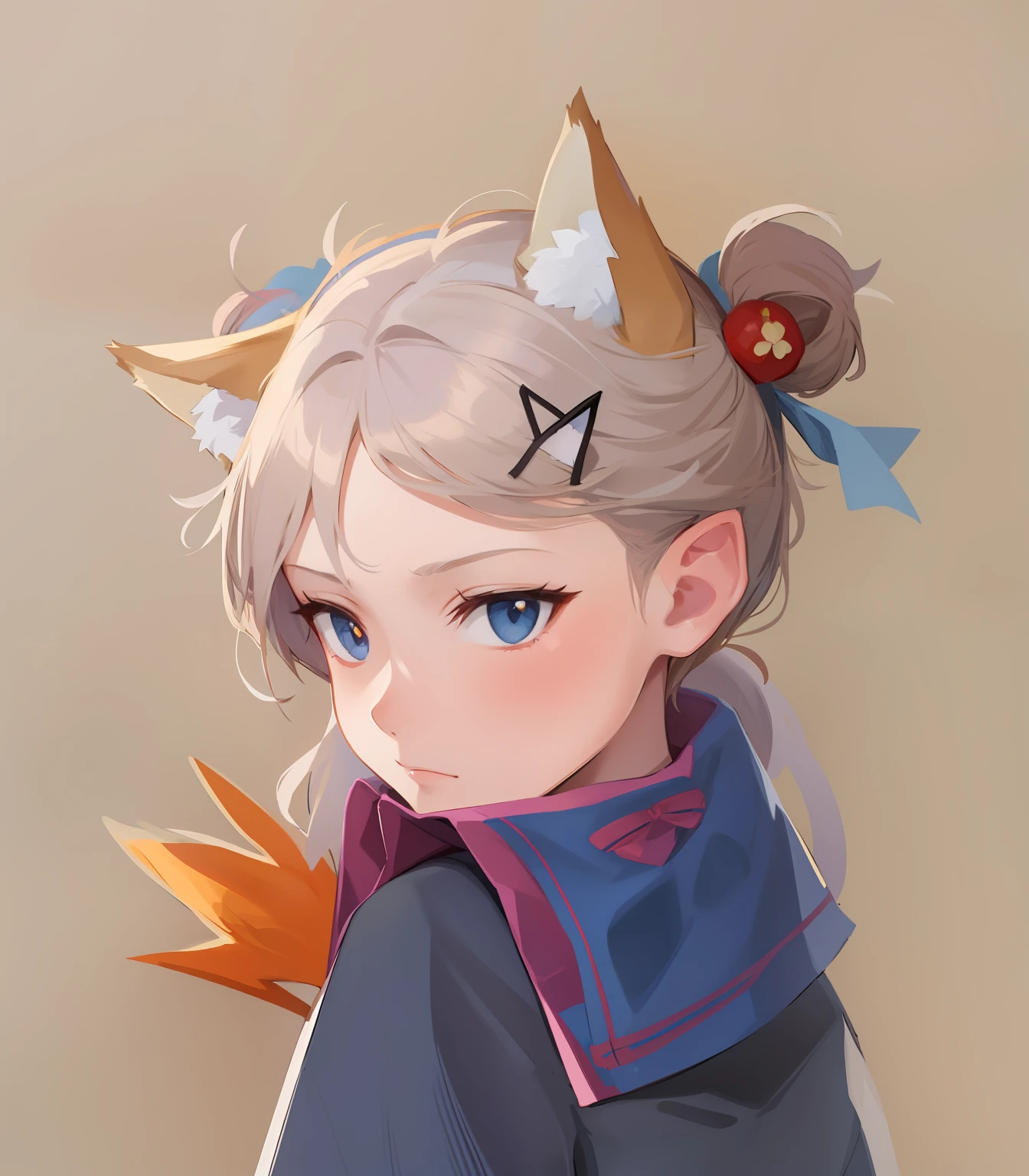drawing of a girl with a cat ears and a bow, Girl with cat ears,clean and meticulous anime style, girl with fox ears, cute portrait, with pointy ears, character drawing,