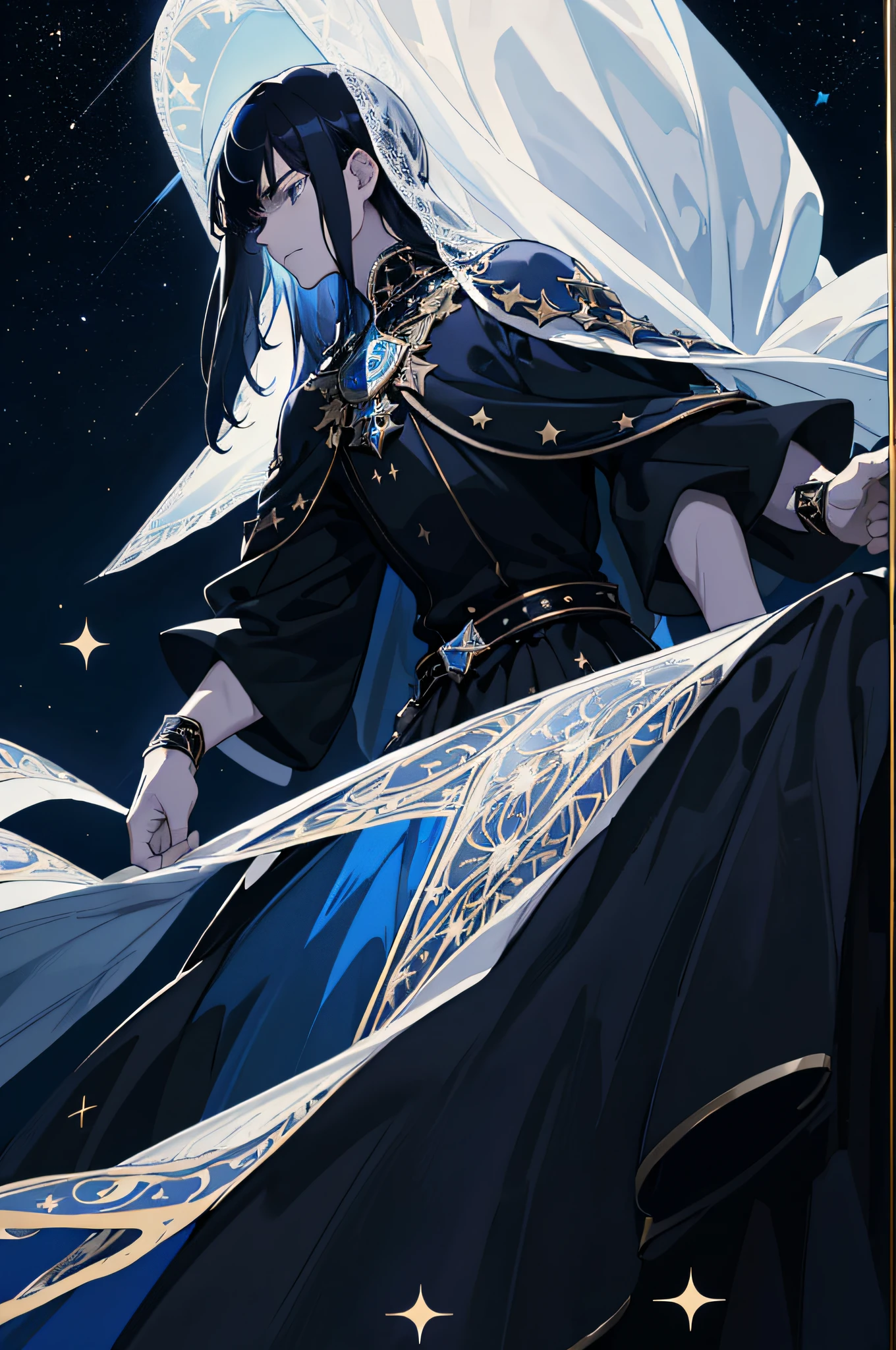 Masterpiece, best quality, teenager, male, long dark blue hair, straight hair, flush bangs, white skin, indifferent expression, intricate details, black skirt, delicate princess dress, dark night, starry sky, stars, black, blue, black background