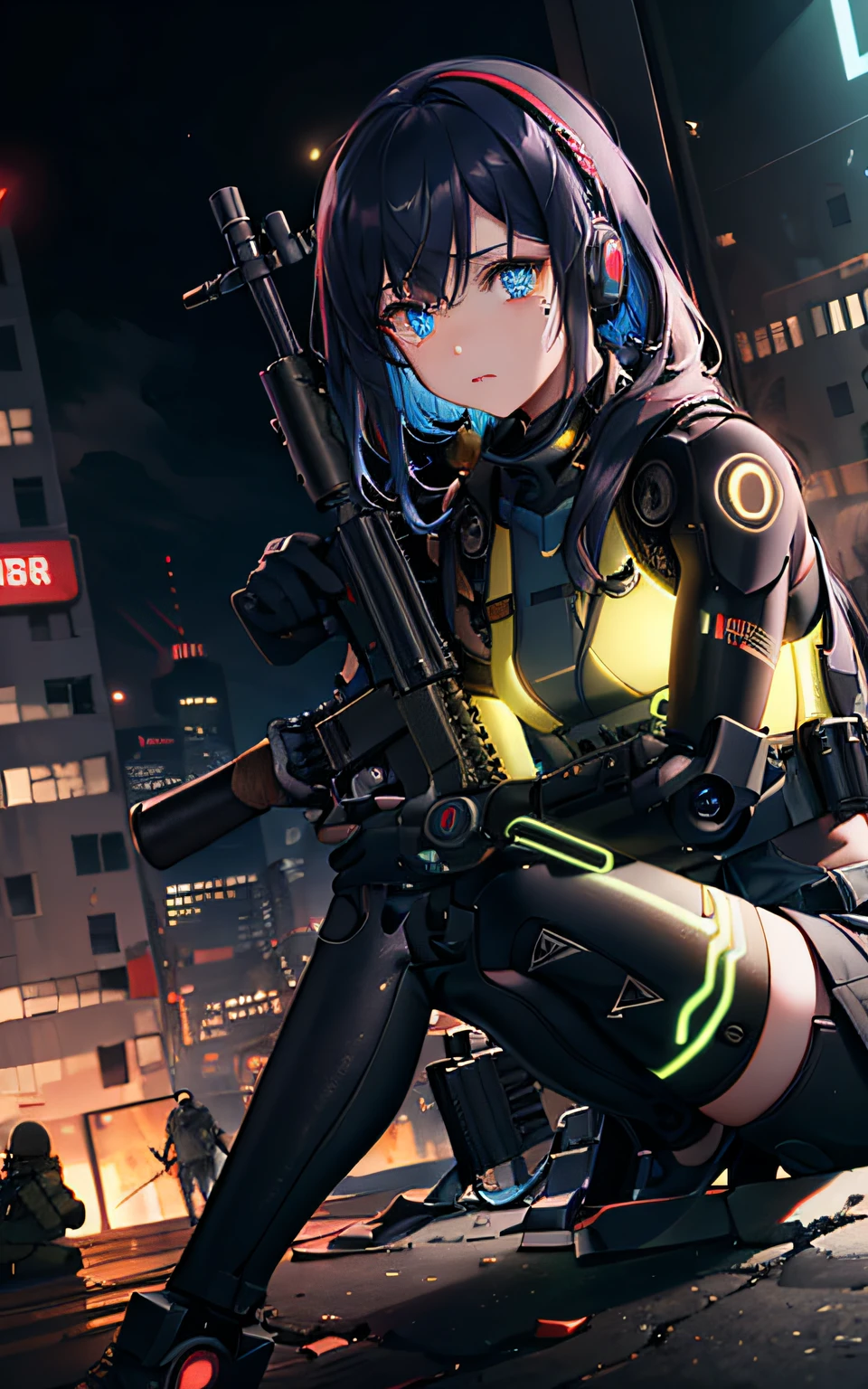 ((masterpiece, ultra detailed CG, 8K wallpaper)), (colorful hair), cyberpunk, mission failed, crying, 1girl, sniper, detailed beautiful face, sitting, night city, (Self-illumination blue light on the body), red neon lights in the background, detailed cyborg golden eye, using Barrett M82A1 rifle, resting against the rifle