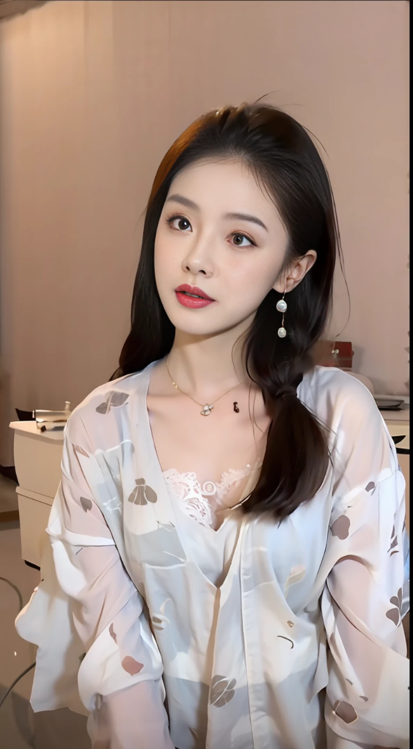 A close-up woman in a chiffon dress，Mouth closing，Sexy collarbone，With white gold necklace，Lace lingerie close-up，V-neck shirt， HD face，High nose bridge，Cherry red lips，Jet black eyebrows，双眼皮，White teeth，Middle Metaverse, Chinese girl, xintong chen, young cute wan asian face, li zixin, gorgeous chinese models, Yoshitomo Nara, cute delicate face, shaxi, Ruan cute vtuber, chengyou liu，high definition detail，8K