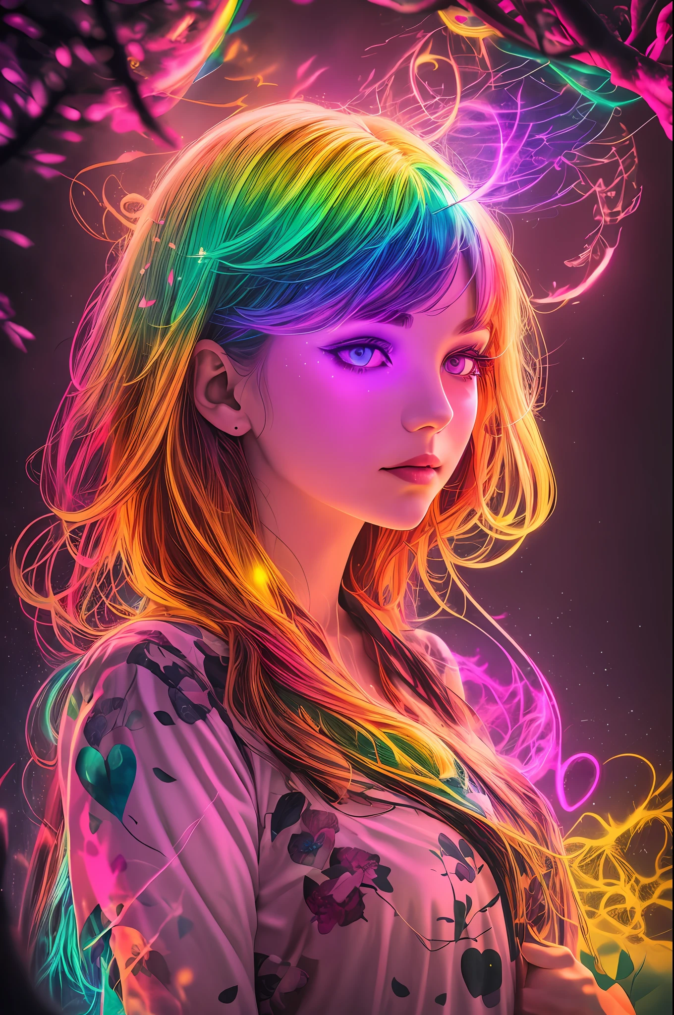 Beautiful Young Woman covered with tree branches, bright Rainbow glowing heart visible from human, Night time, photorealistic, hyperdetailed, cinematic lighting hdr, softbox lighting, Lumitronic effect, Risograph Style, surrounded By Neon Powder Smoke, Abstract surreal psychedelic, --auto --s2