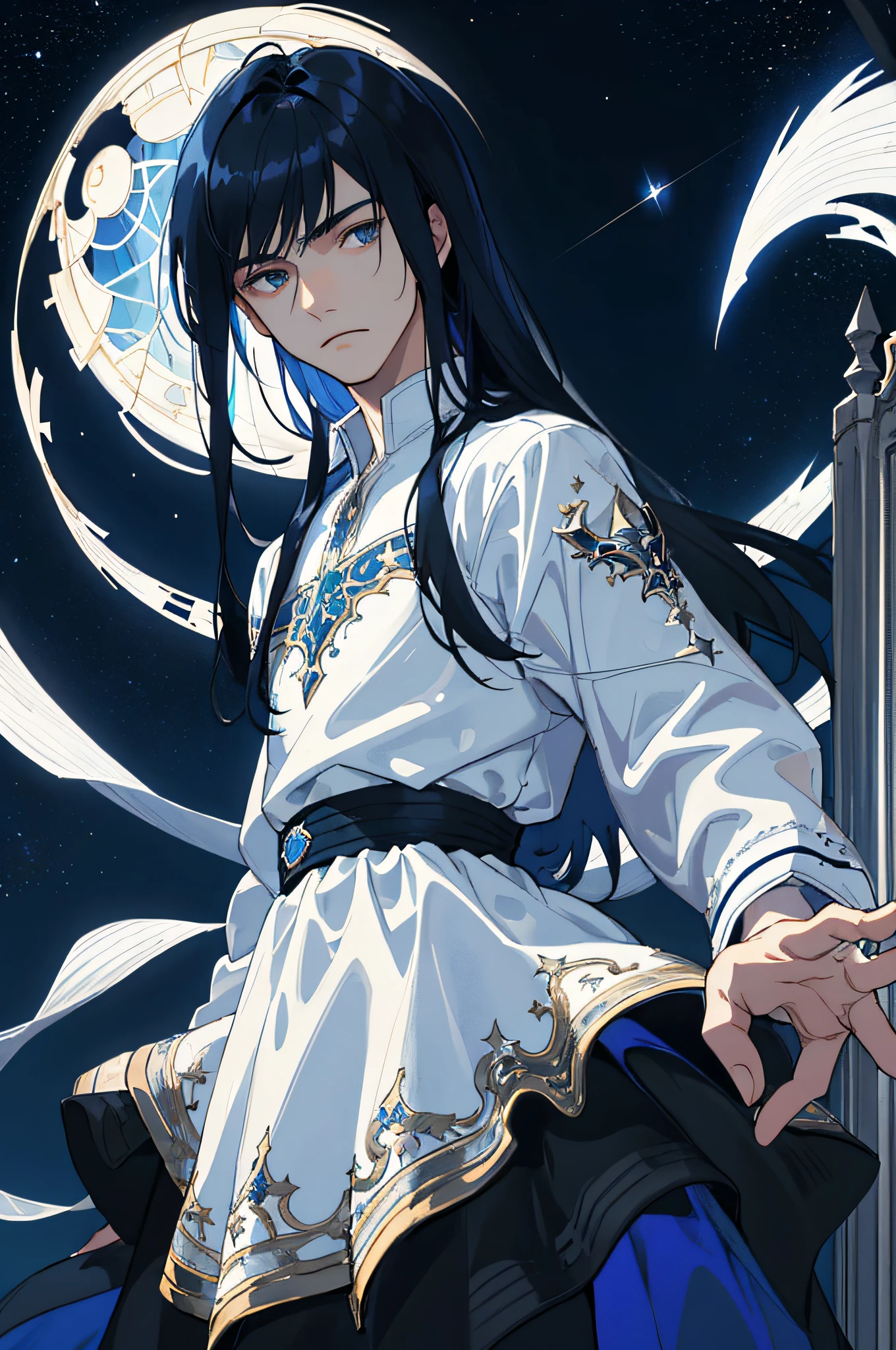 Masterpiece, best quality, teenager, male, long dark blue hair, straight hair, flush bangs, white skin, indifferent expression, intricate details, delicate princess dress, dark night, starry sky, stars, black, blue, black background