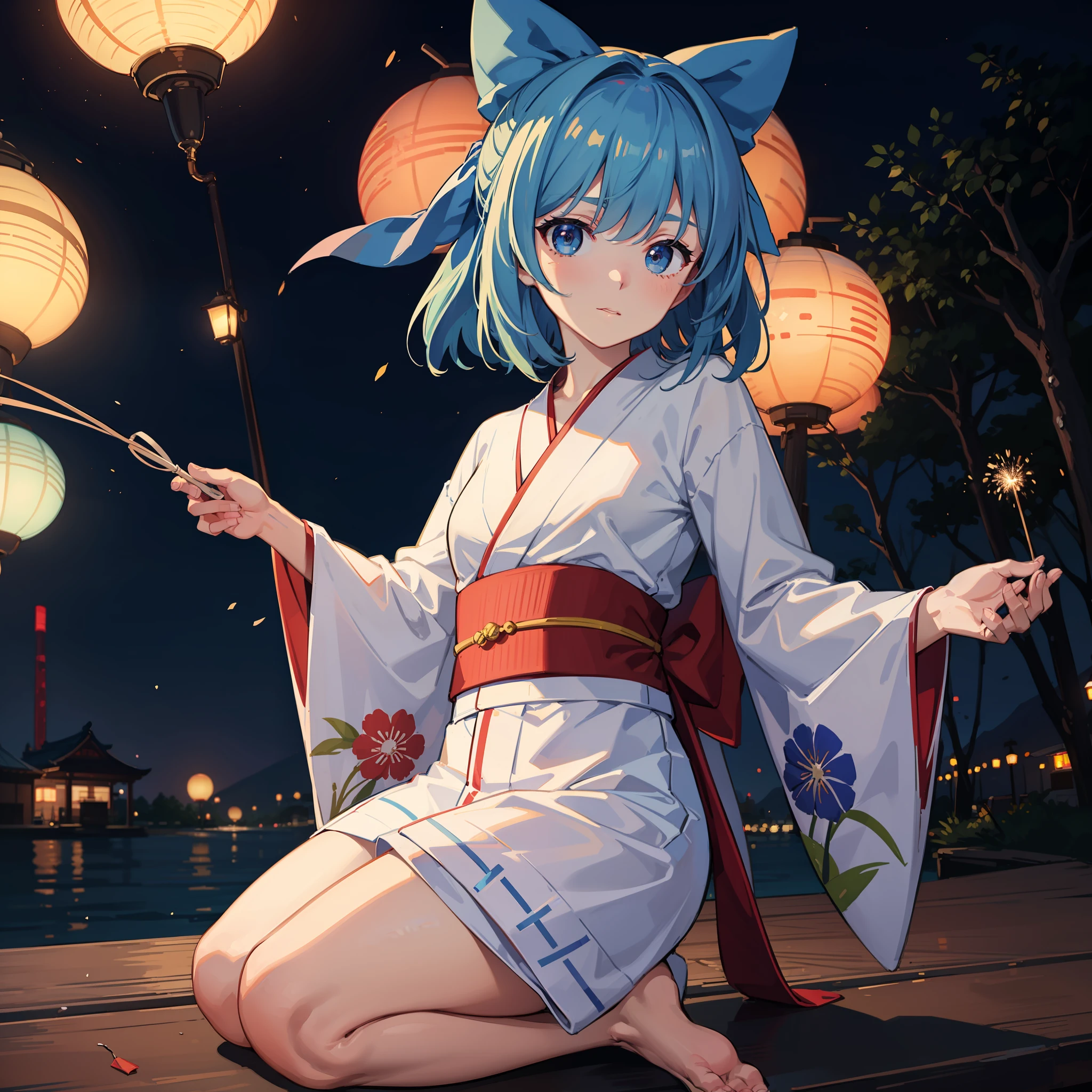 masute piece, Fine detail, 4K, 8K, 12K, Solo, One person, Beautiful Girl, caucasian female, Eastern Project of Cirno, Yukata, komono, Night, Summer Festival, Fireworks