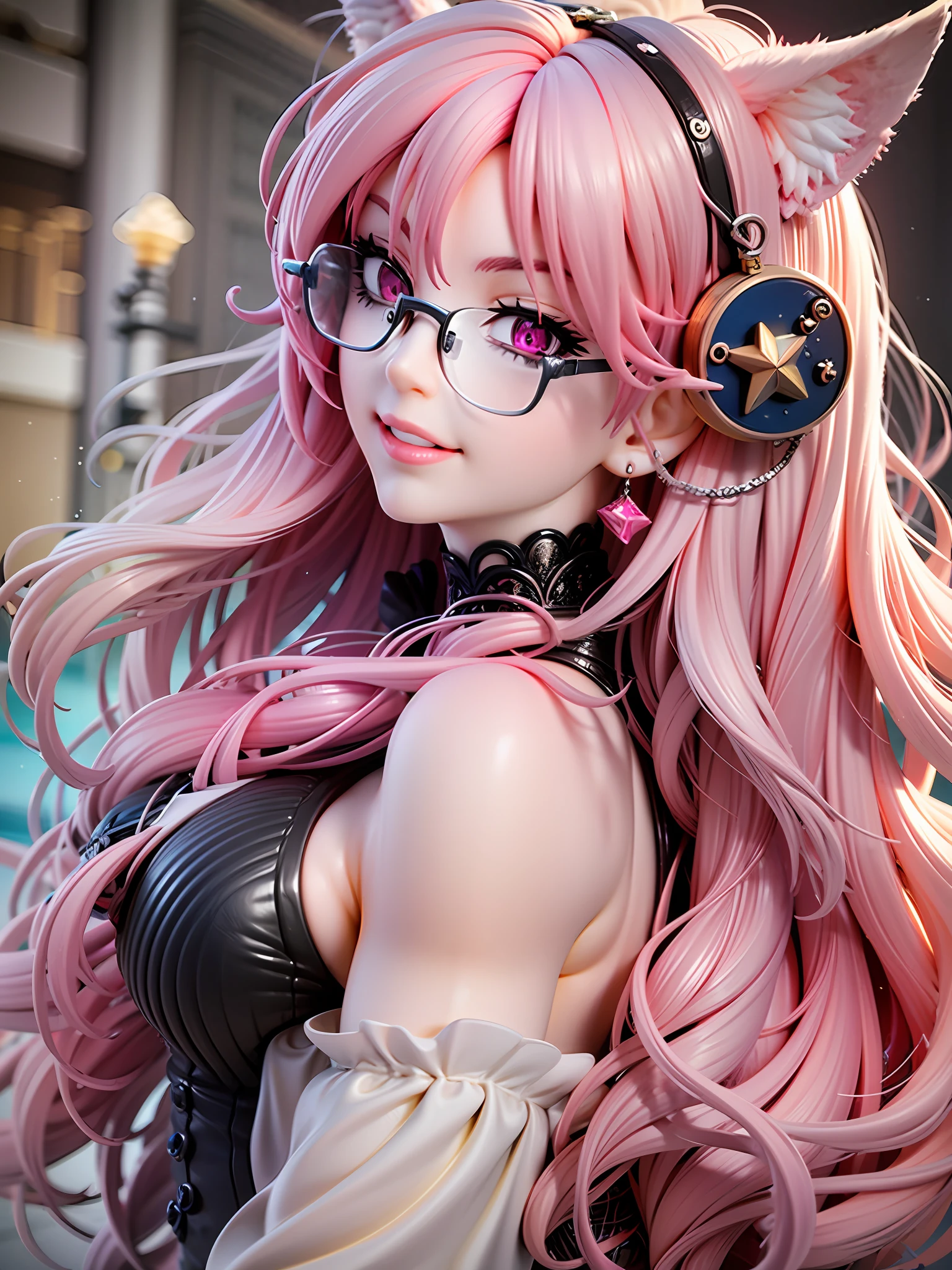 1girl in、Face seen from the side、lovly、Pink hair、length hair、Cheeky、耳Nipple Ring、Pink eyes、fox ear、a smile、black sleeveless clothes、