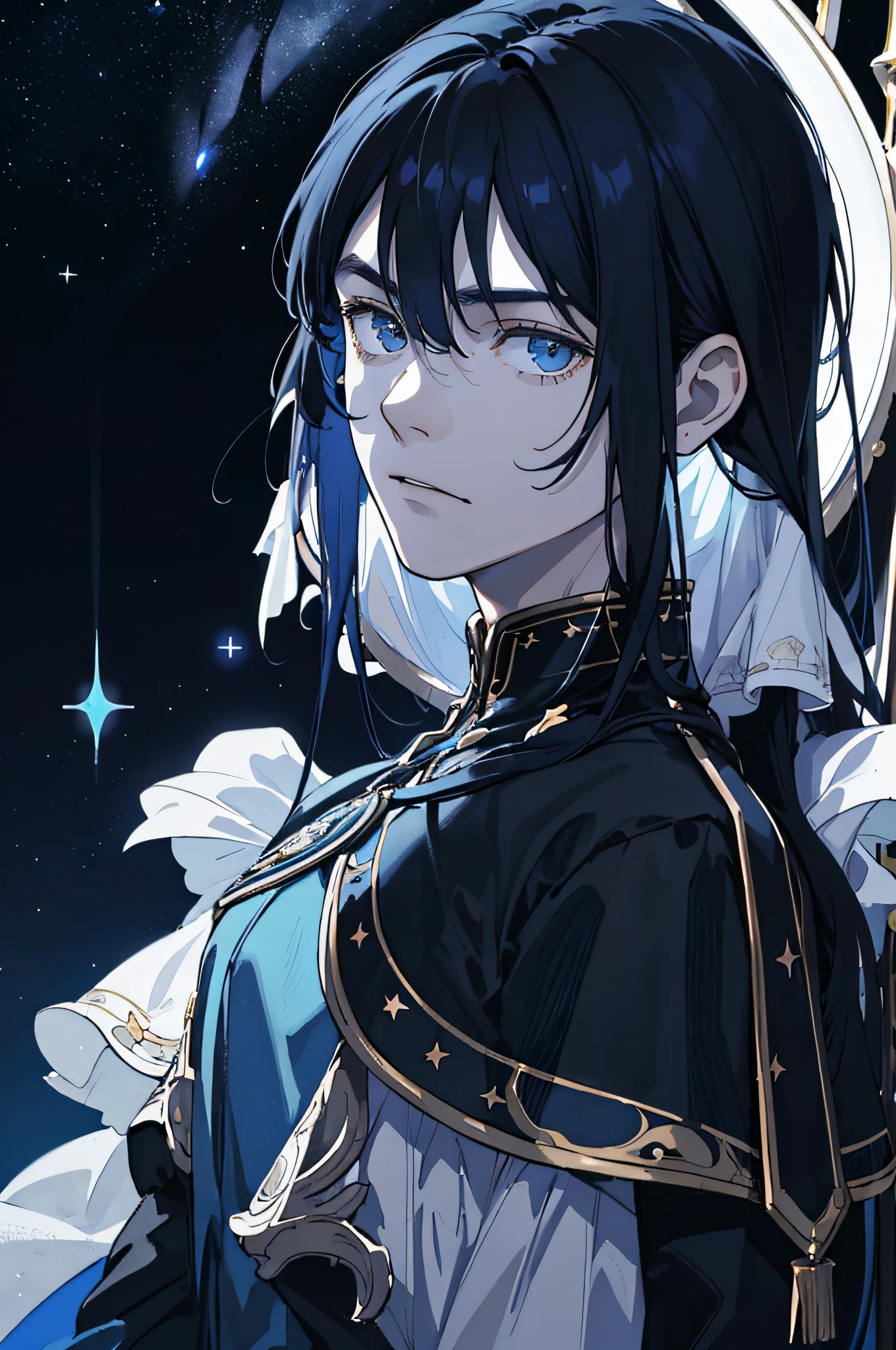 Masterpiece, best quality, teenager, male, long dark blue hair, straight hair, flush bangs, white skin, indifferent expression, intricate details, delicate princess dress, dark night, starry sky, stars, black, blue, black background