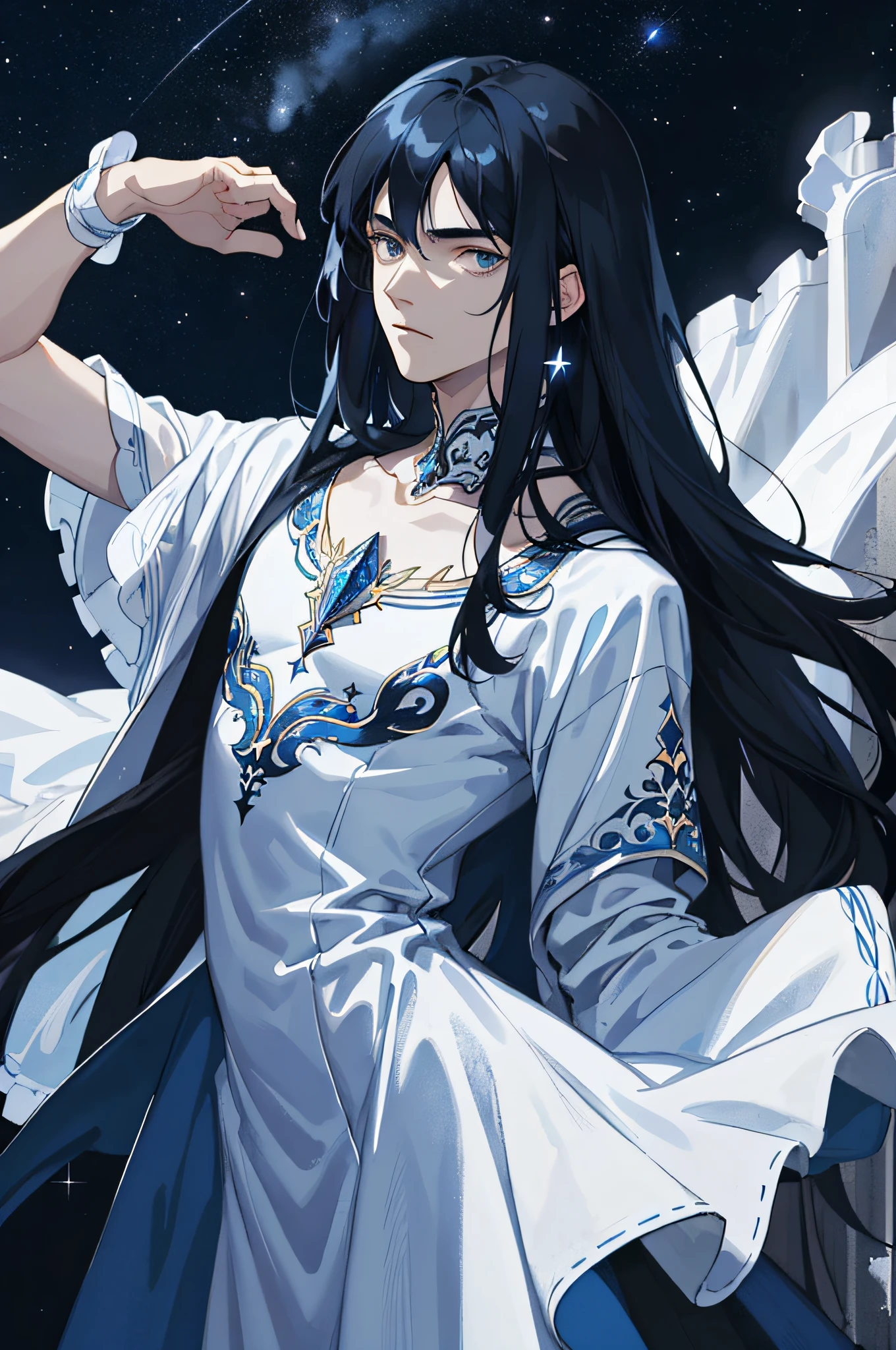 Masterpiece, best quality, teenager, male, long dark blue hair, straight hair, flush bangs, white skin, indifferent expression, intricate details, delicate princess dress, dark night, starry sky, stars, black, blue, black background