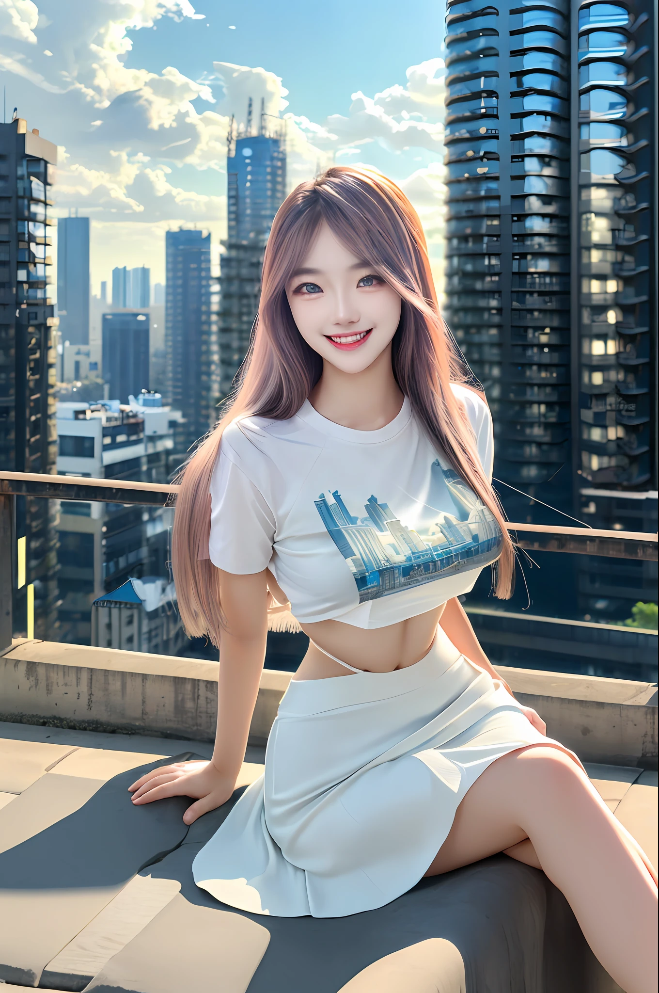 official art, masterpiece, sharp focus, (beautiful gorgeous cute Korean woman:1.3), (beautiful cute korean:1.3), korean beauty, Delicate and beautiful hair and eyes and face, realistic, ultra detailed, beautiful girl, blue sky, glow white particle, (sidelighting:1.2), sun light, white cloud, detailed clouds, slender, Lovely very large breasts and very large hips, smile with teeth, ((smile with eyes, open both eyes)), scenery, long straight hair, sexy facial expression, building, (cityscape:1.7), dynamic hair, long straight hair, detailed platinum pink hair, glow blue eyes, (blue pleated shirts + white skirt), white long socks, pale skin, hair ornament, epic scenery,