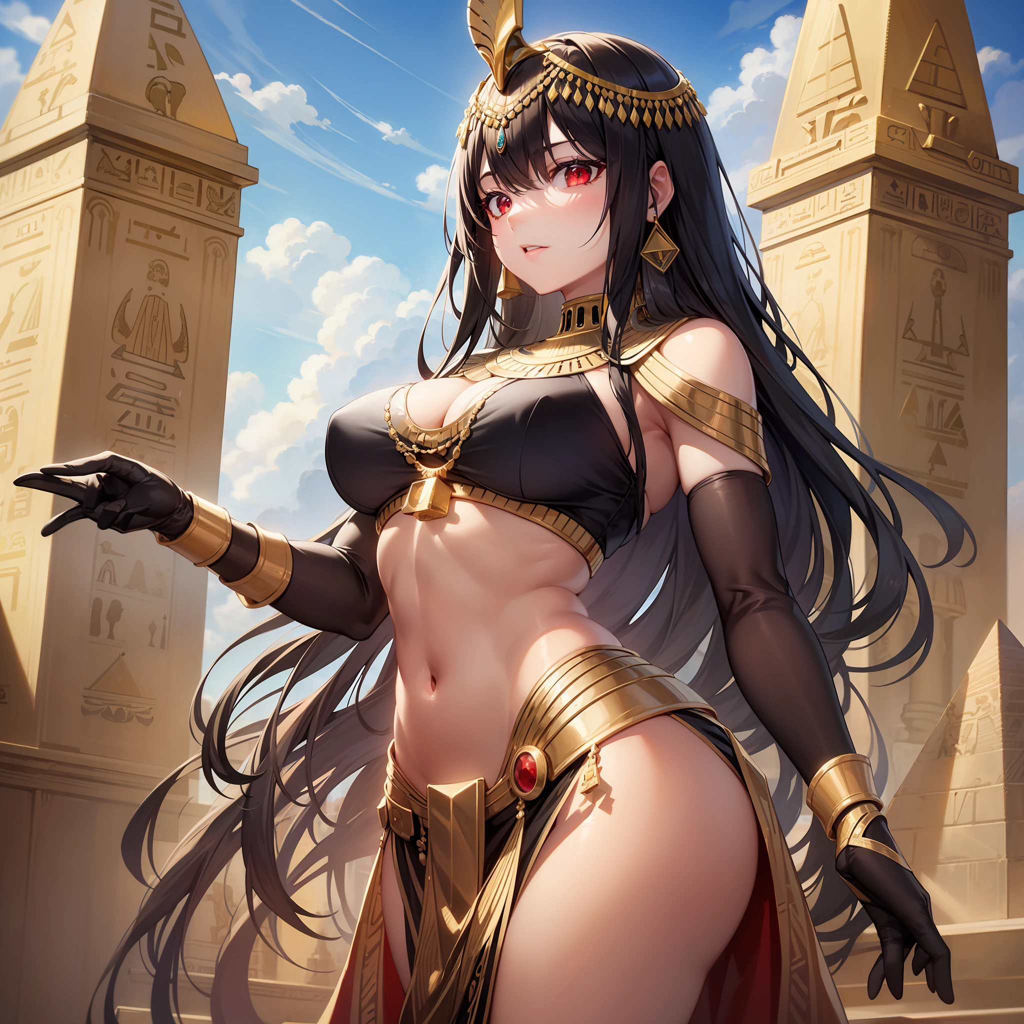 vibrant colors, girl, masterpiece, sharp focus, best quality, cinematlicilghting, detailed outfit, perfect eyes, dynamic pose, black hair, red eyes, egyptian, wide hips, mature female, medium breasts, curvy, gold egyptian jewelry, royal gold egyptian pyramid, dark skin,