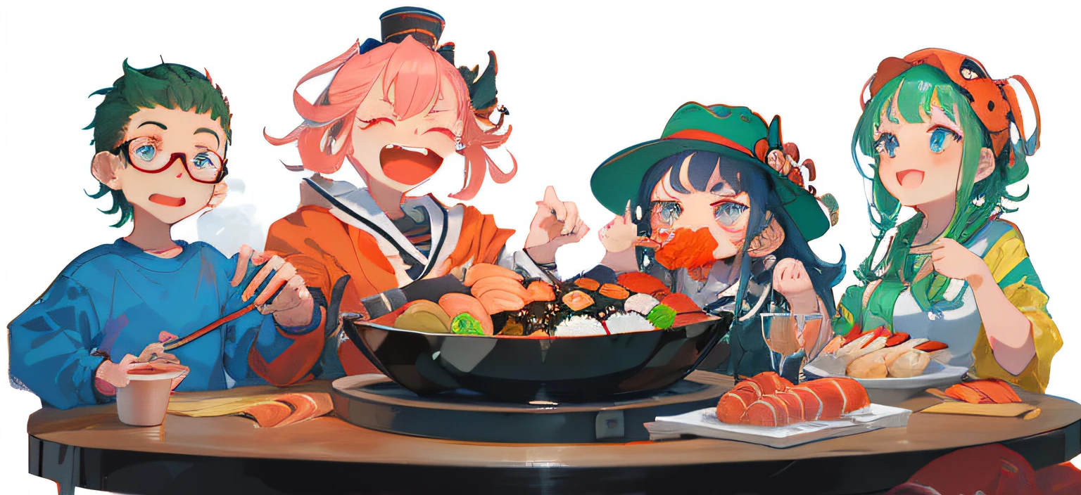 Anime characters sit around the table eating sushi and drinking, anime food, The pot is filled with a variety of delicious sushi，Raw spines and sashimi，caviar